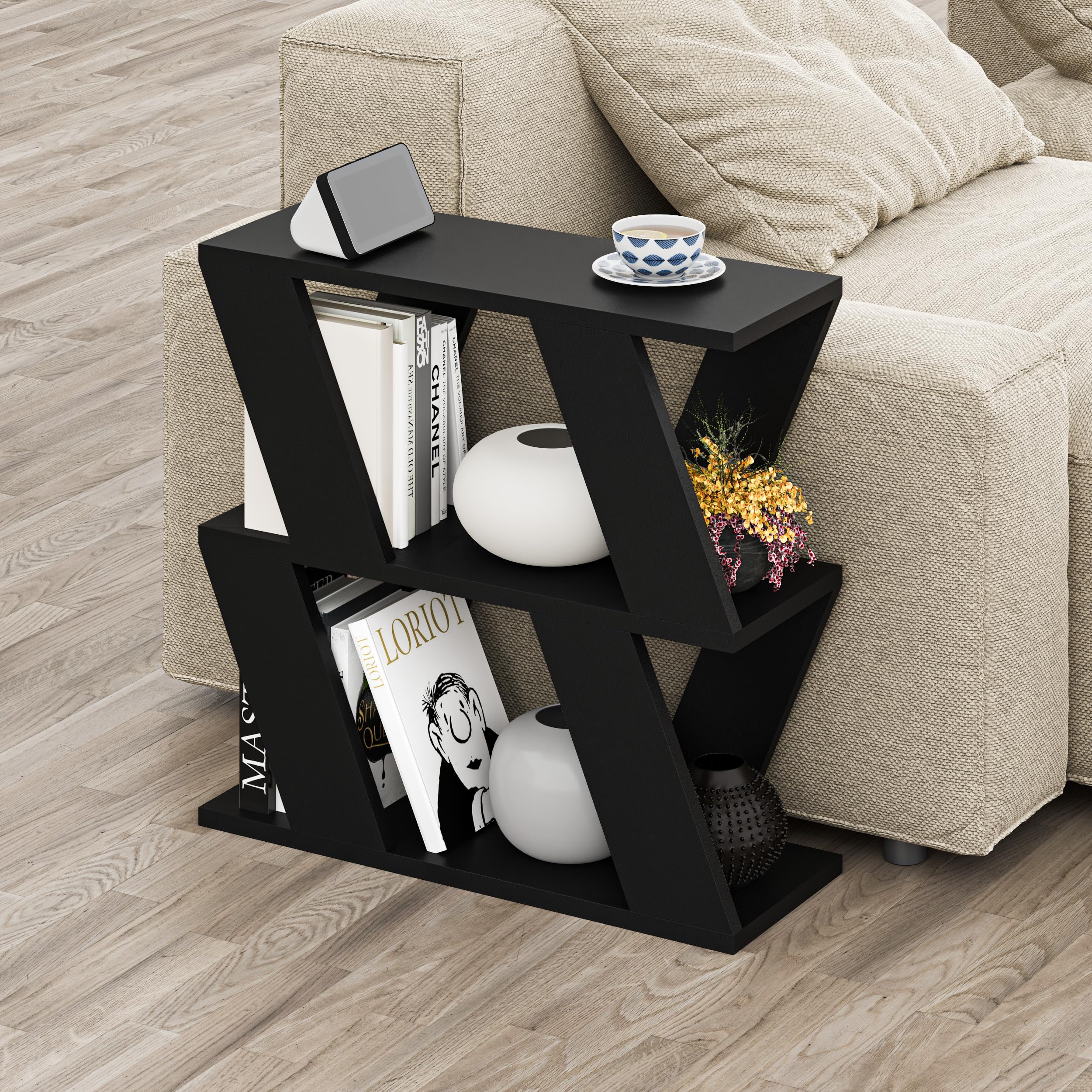 Narrow Side Table with 2 Storage Shelf | 2 Tier Side Table | Slim End Table | Modern Design Sofa Table | Living Room, Office | Many Colour Options | 60x22x57cm (Black)