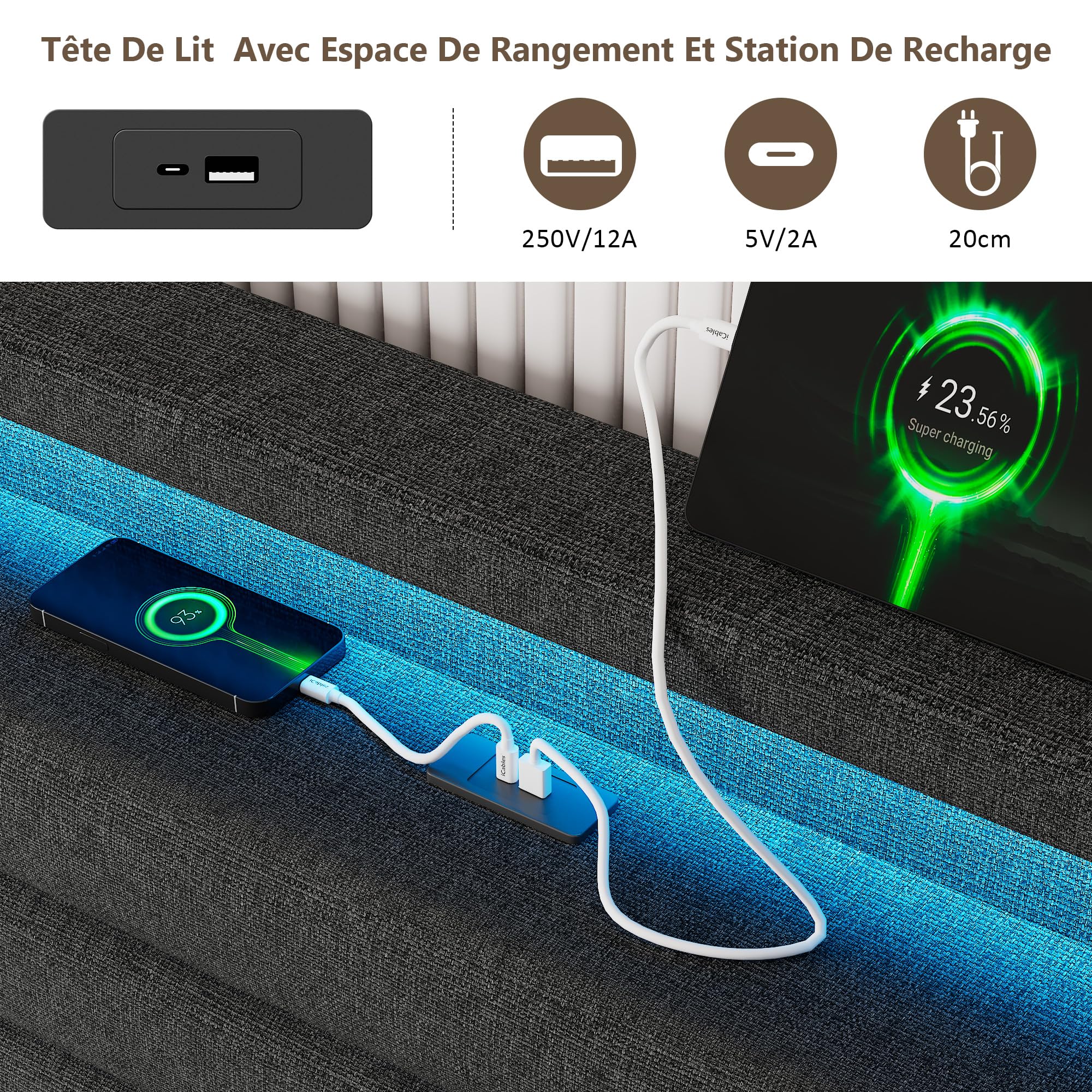 Feonase Lit 140 x 200 cm avec Espace de Rangement, rembourré, 140 x 200 cm, avec Espace de Rangement hydraulique et en Lin, Cadre de lit avec sommier à Lattes, sans Matelas, Gris foncé