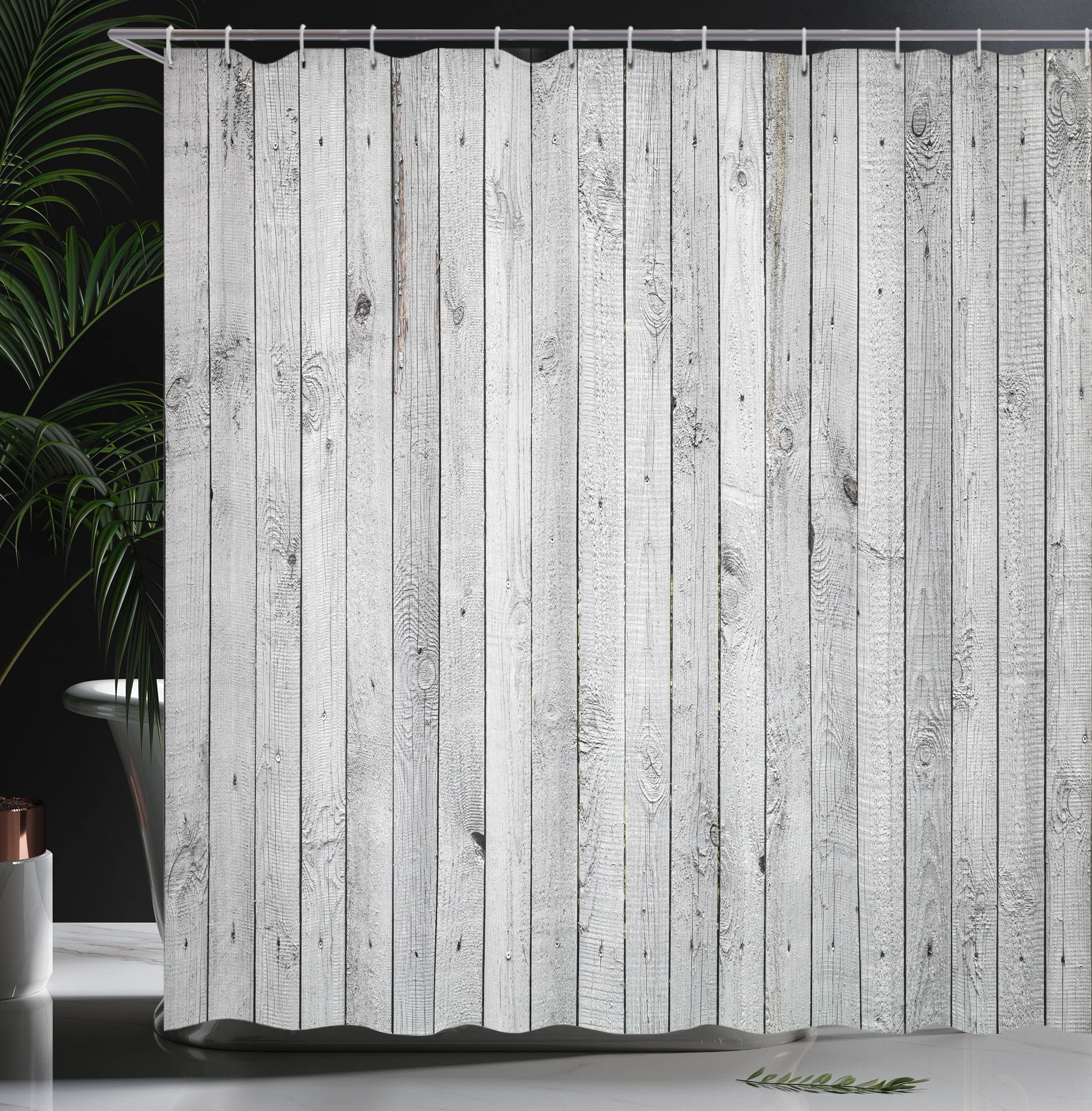 ABAKUHAUS Grey and White Shower Curtain, Vertical Lines Wooden Board Background Black and White Tone Vintage Planks Picture - Image 3