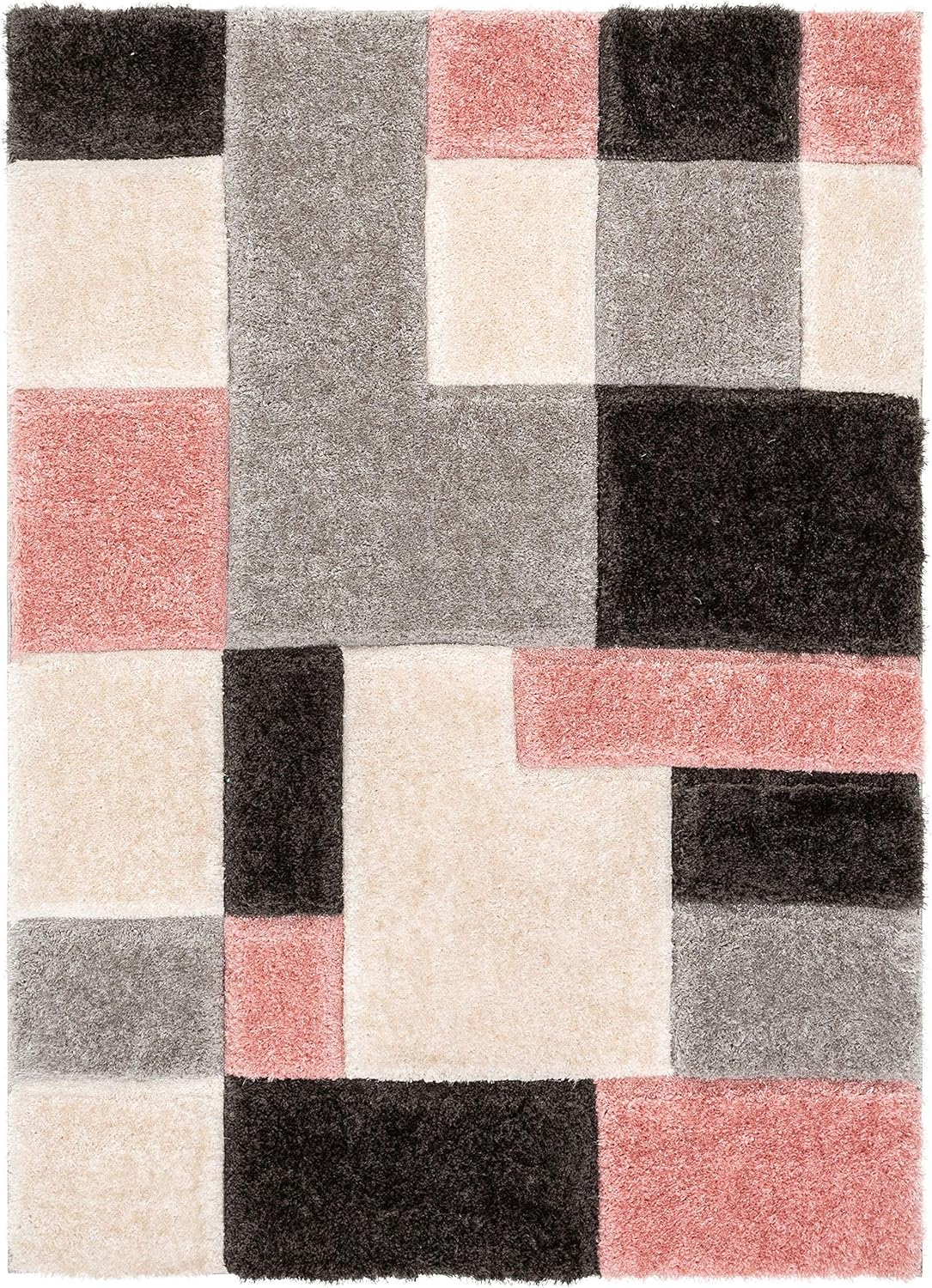 Well Woven Ella Pink Geometric Boxes Thick Soft Plush 3D Textured Shag Area Rug (5'3" x 7'3")