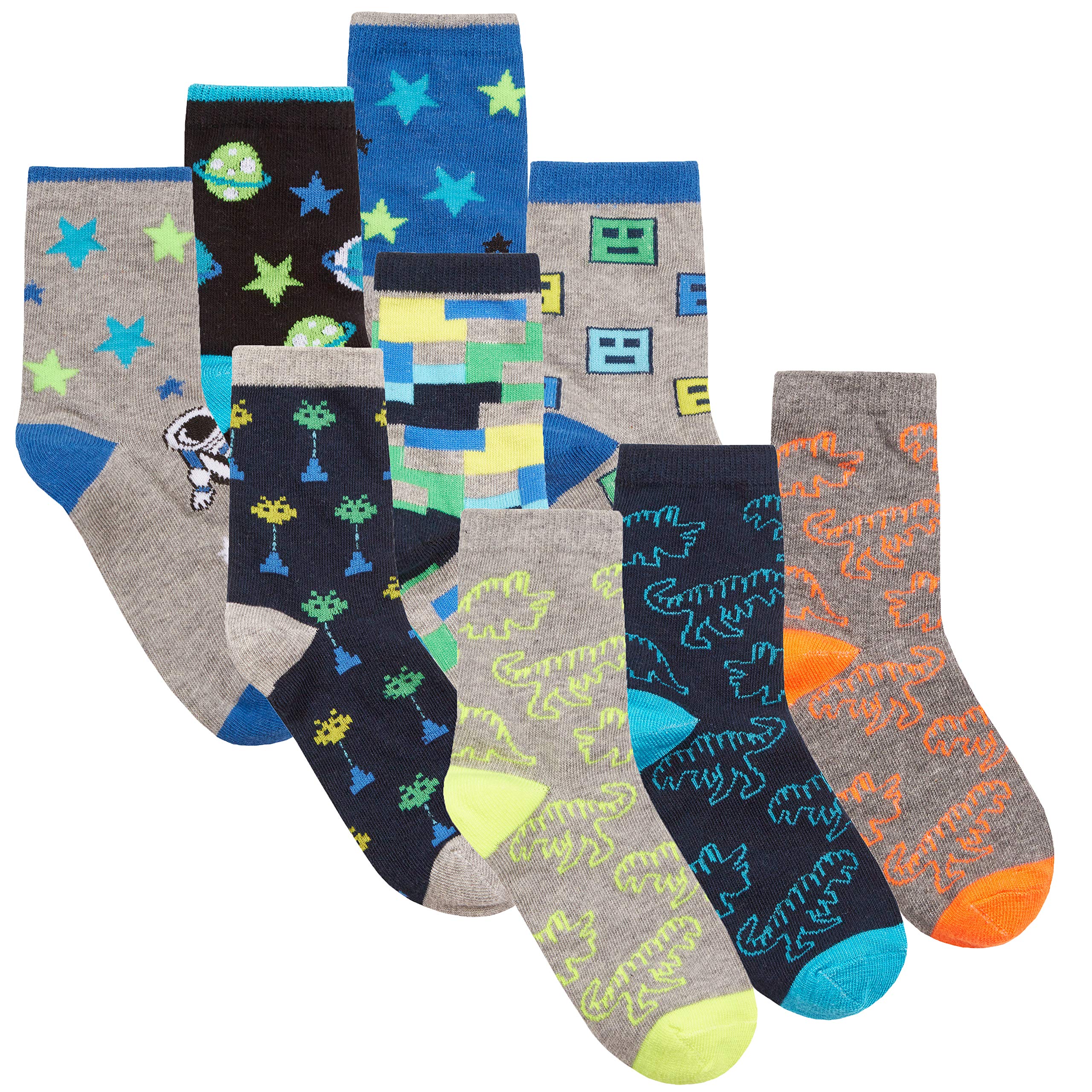 Metzuyan Boys 9 Pairs Multipack U 9 Pairs Novelty Cotton Rich Socks Dinosaurs Space Stars Monster Skulls New Multi-U 12.5-3.5