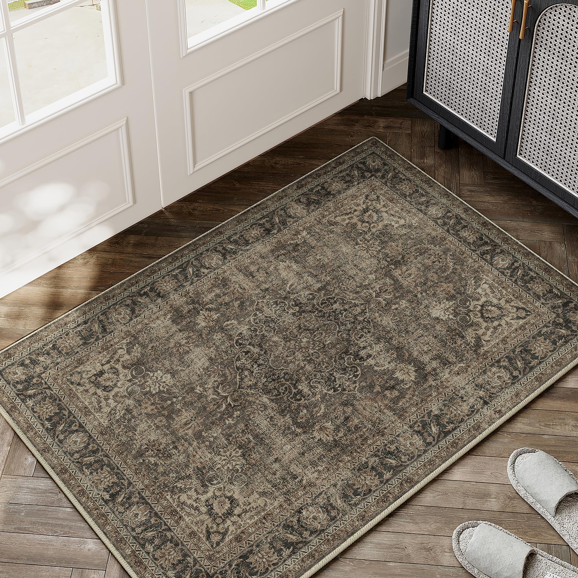 Alfombra vintage lavable de 2 x 3 pulgadas, color marrón, para entrada, antideslizante, de pelo bajo, alfombra tradicional, retro, envejecida, suave, delgada, alfombra decorativa pequeña para