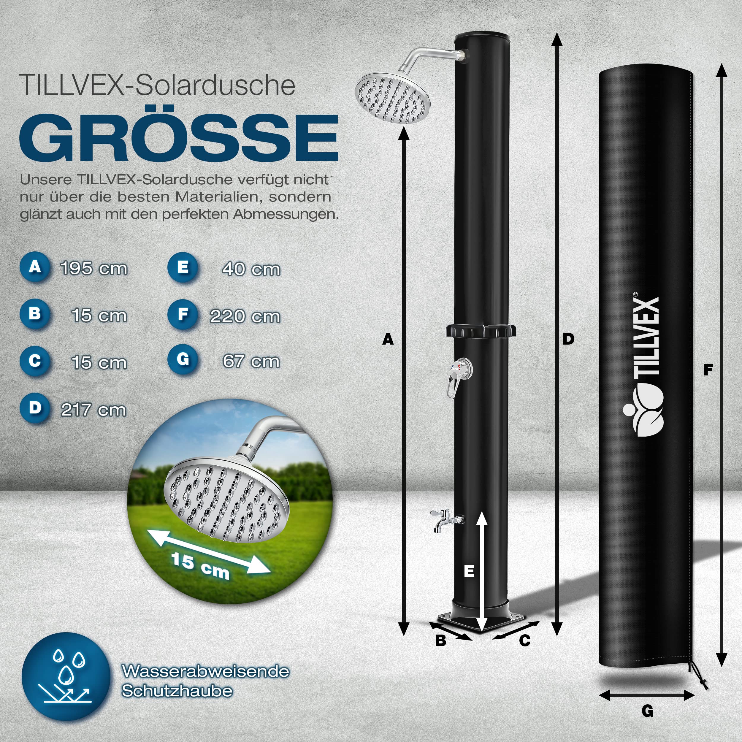 tillvex Solardusche 20 Liter | Solar Garten-dusche warmes Wasser | Pooldusche Camping | ohne Stromanschluss | mit Wasserhahn und Regenduschkopf | Gartenschlauch-Anschluss (Schwarz)
