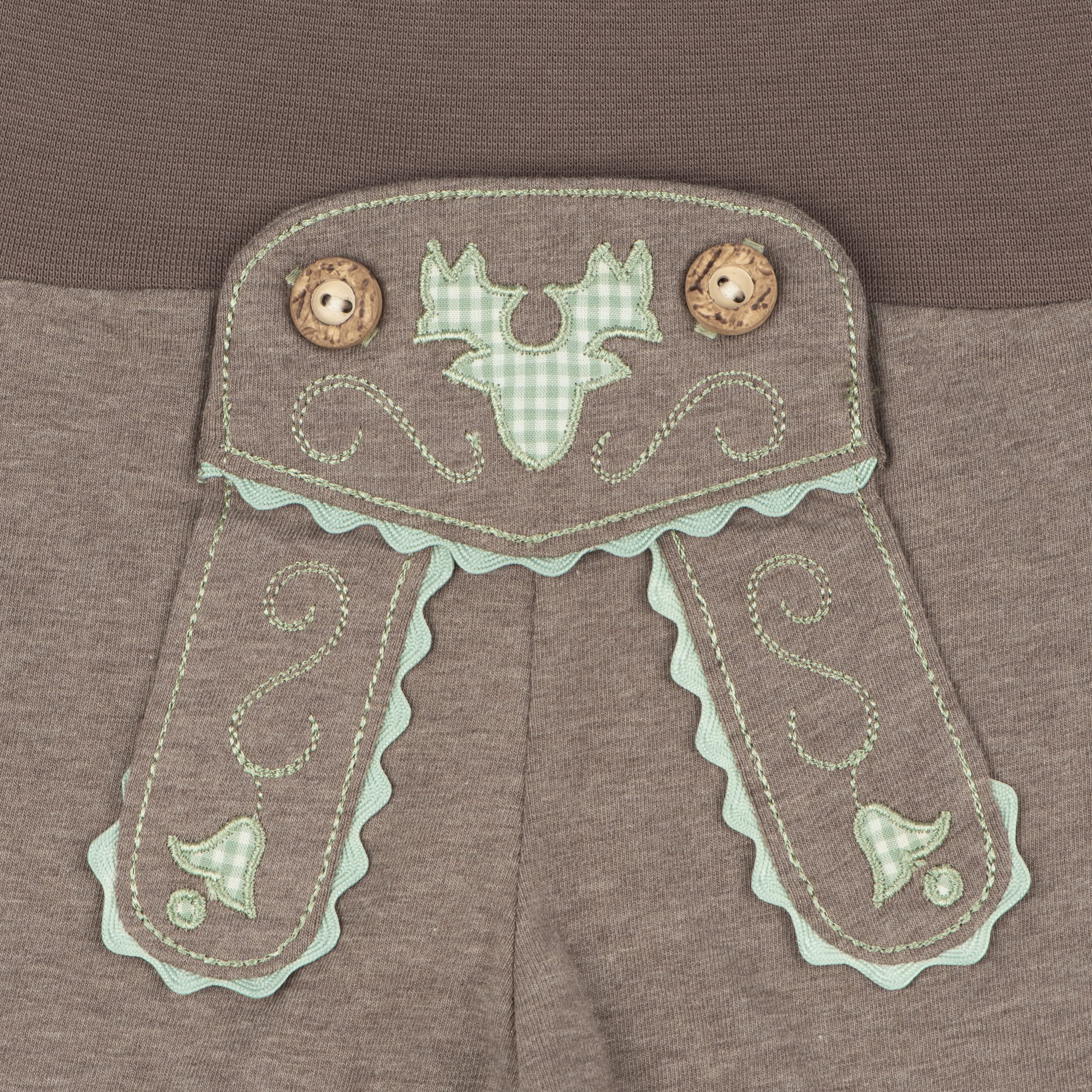 Trachten Set für Lausbuben im Geschenkkarton: Baby Body mit kurzem Arm und Applikation Hosenträger und Baby Jogginghose Lederhosen Look, braun/grün