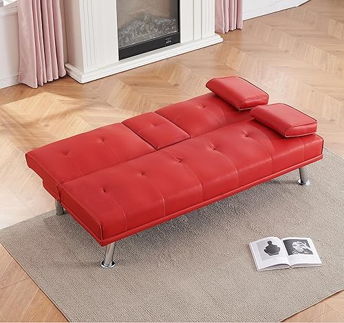 Miniatura 4 de Anwick Sofá futón de cuero moderno, sofá cama plegable convertible, sofá biplaza reclinable para espacios pequeños, apartamento, oficina,