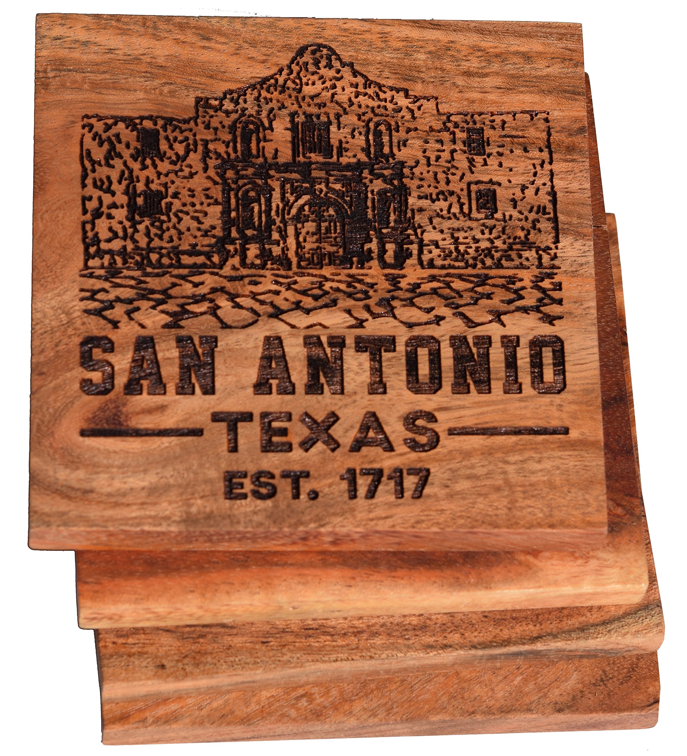 San Antonio Coasters, San Antonio"The Alamo" Drink Coasters – San Antonio Gifts & Souvenirs, Engraved Acacia Wood Coasters with San Antonio Design – San Antonio Themed Gifts, Texas Gifts (Set of 4)