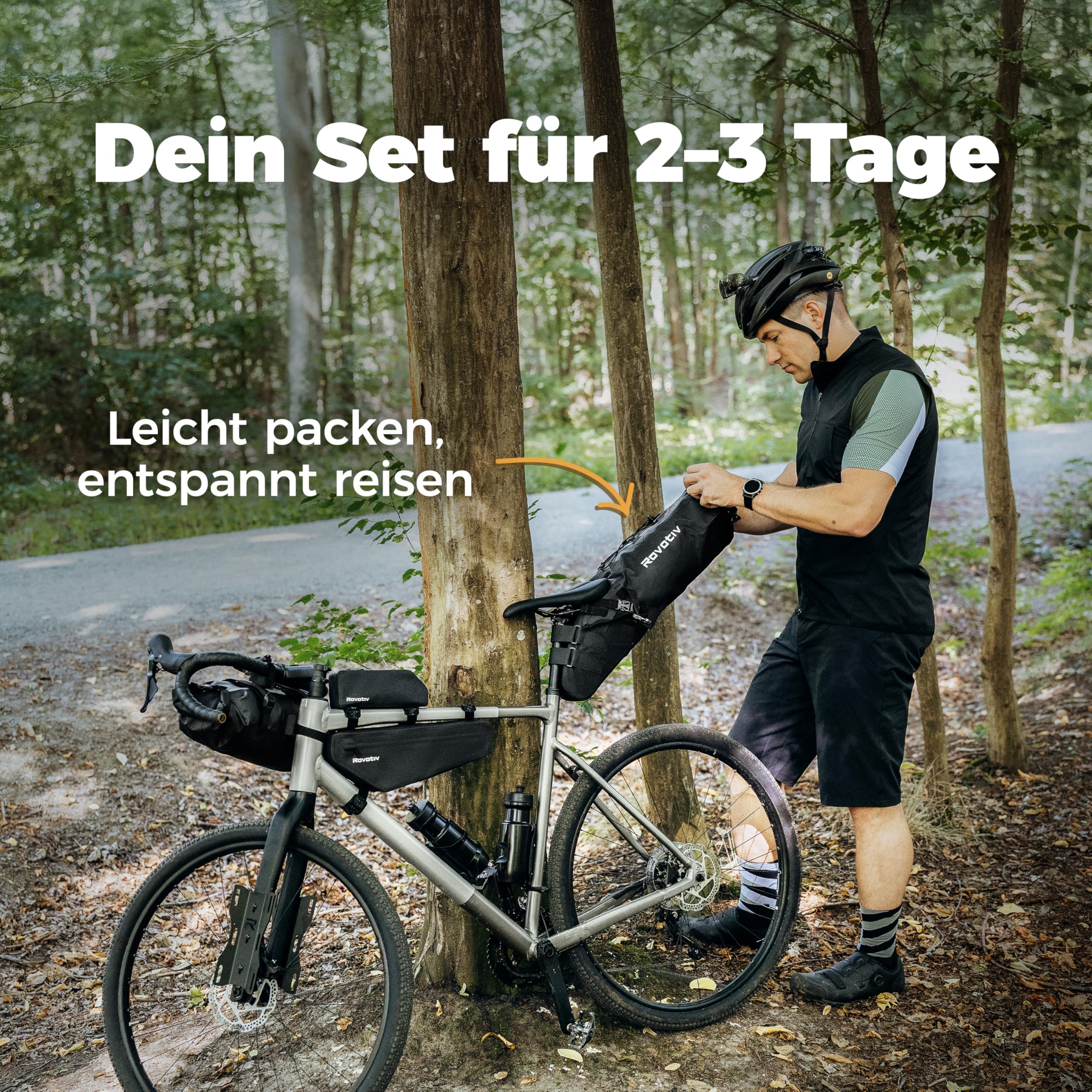 Rovativ® Bikepacking Basis-Set [22,5L] Oberrohrtasche, Satteltasche, Rahmentasche und Lenkerrolle fürs Fahrrad - 100% Wasserdicht - Für Gravelbike, Rennrad und MTB
