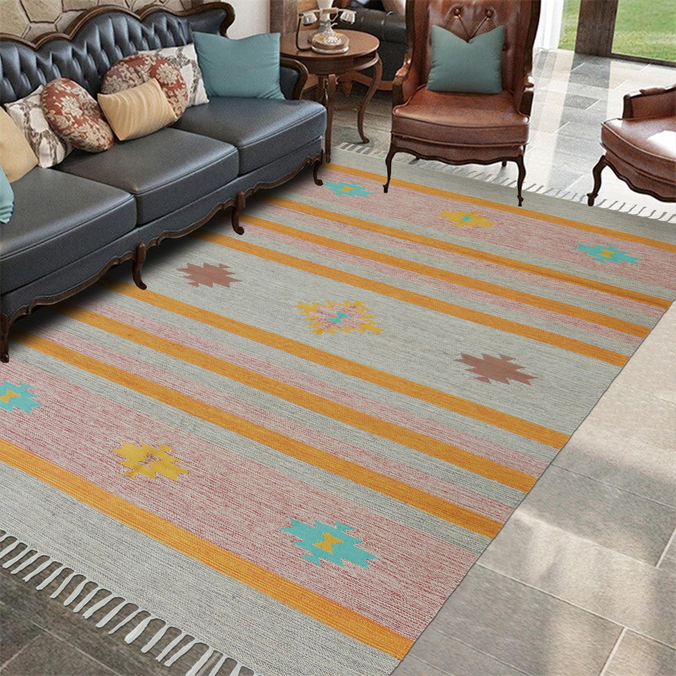 MDZ® Hand Woven Cotton Vintage Kilim Rug for Bedroom, Kids Room, Living Room, Dining Room & Hall |Color (Option_4, 4.6x6.6 Feet)-image-2