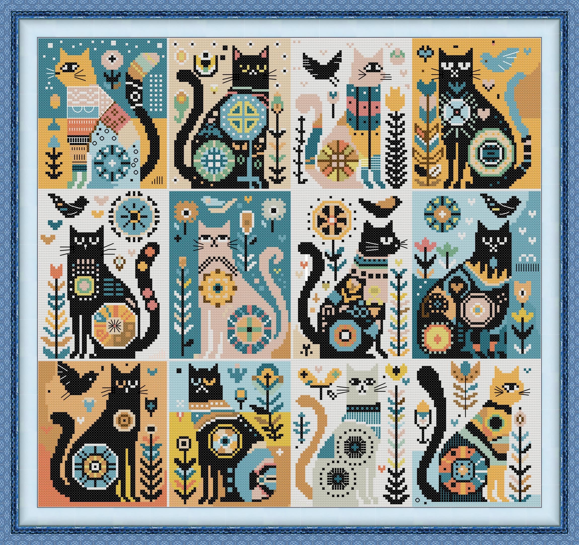 Funcrostitch Counted Cross Stitch Kits for Beginners,14ct Unprinted Pattern Embroidery Kit Dmc Cotton Threads Needleworks for Adults-Twelve Black Cats 18"×17"
