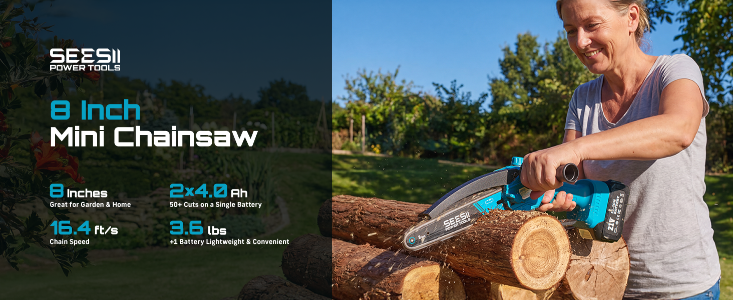 SEESII 8 Inch Mini Cordless Chainsaw with High Capacity 4000mAh x2