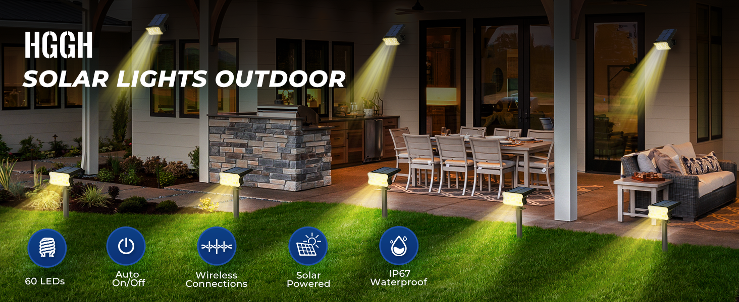 HGGH Solar Lights Outdoor Waterproof IP67, 60 LED 3 Lighting Modes 
