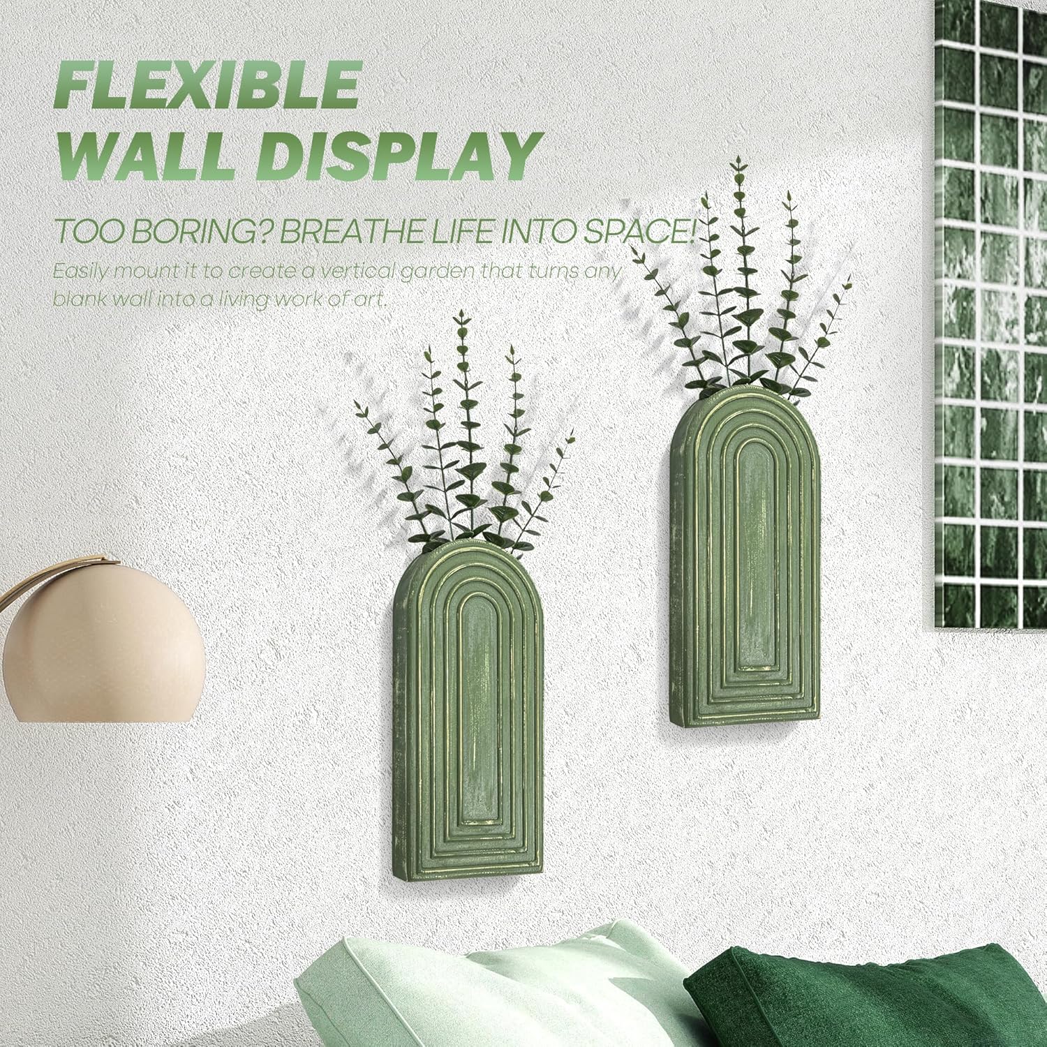 EOSAHR Pine Wood Wall Vases Set of 2 – Decorative Hanging Vases for Indoor Plants, Eucalyptus & Artificial Flowers – Best Boho Chic Decor Wall Art for Bathroom, Bedroom & Living Room (Green) - Image 5