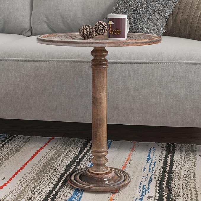 Wooden Twist Hand Carved Round Mango Wood Sofa Table (Antique Brown