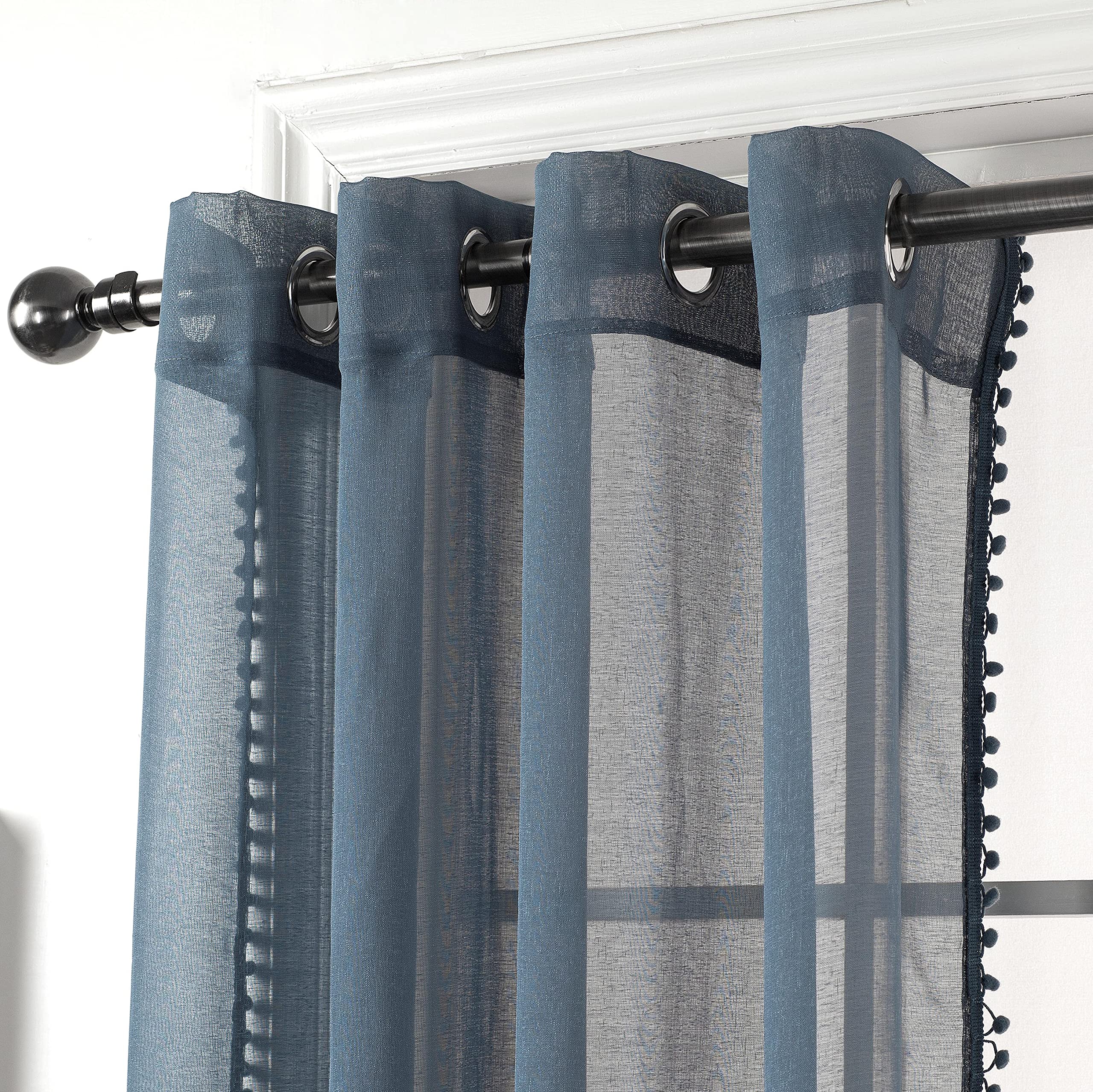Amania Trading Ltd Girls Blue Denim Pom Pom Eyelet Ring Top Header Linen Look Sheer Voile Children Modern Curtain Panels 90" (229Cm) Drop