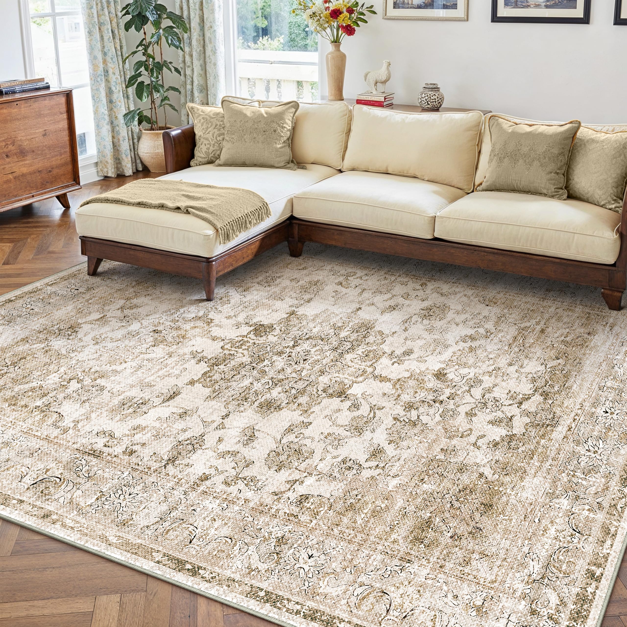 PureCozy Tappeto Salotto Moderno, 200x300 cm Tappeti Grande Camera Da Letto, Tappeto Vintage Corridoio Antiscivolo Lavabile Pelo Corto per Cucina, Soggiorno, Ufficio, Interno,Marrone