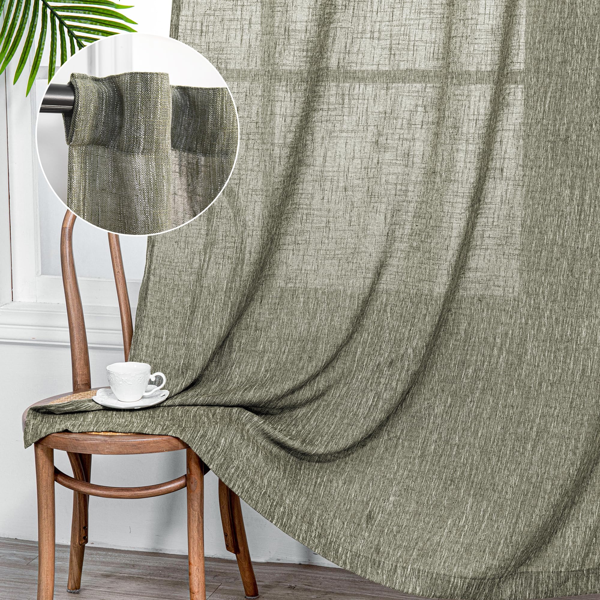 MYSKY HOME 95 Inch Curtains Farmhouse Light Filtering Privacy Curtain Drapes for Patio Door Living Room, Linen Look Texture Fabric Bohemian Draperies Soft Touch, 50x95, Olive Green, 2 Panels