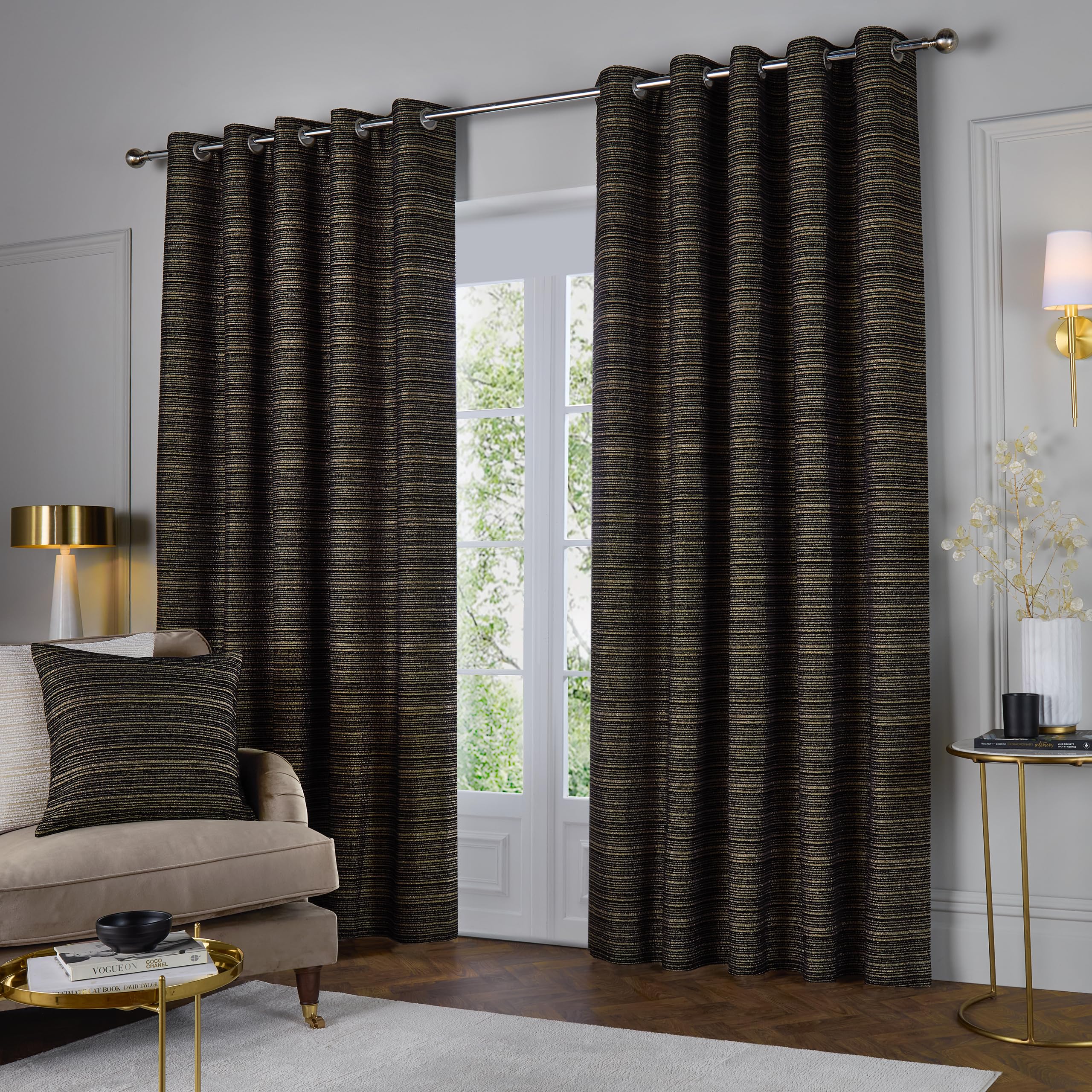 Paoletti Jupiter Room Darkening Eyelet Curtain Pair - Elegant Jacquard Chenille Lined Ring Top Drapes (Black/Gold - 168x229cm) - Image 2