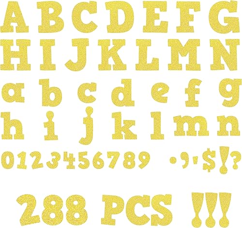 Juego de 288 letras mayúsculas con purpurina dorada, 78 letras mayúsculas, 78 letras minúsculas, números de 0 a 9, símbolos y puntuación, letras de