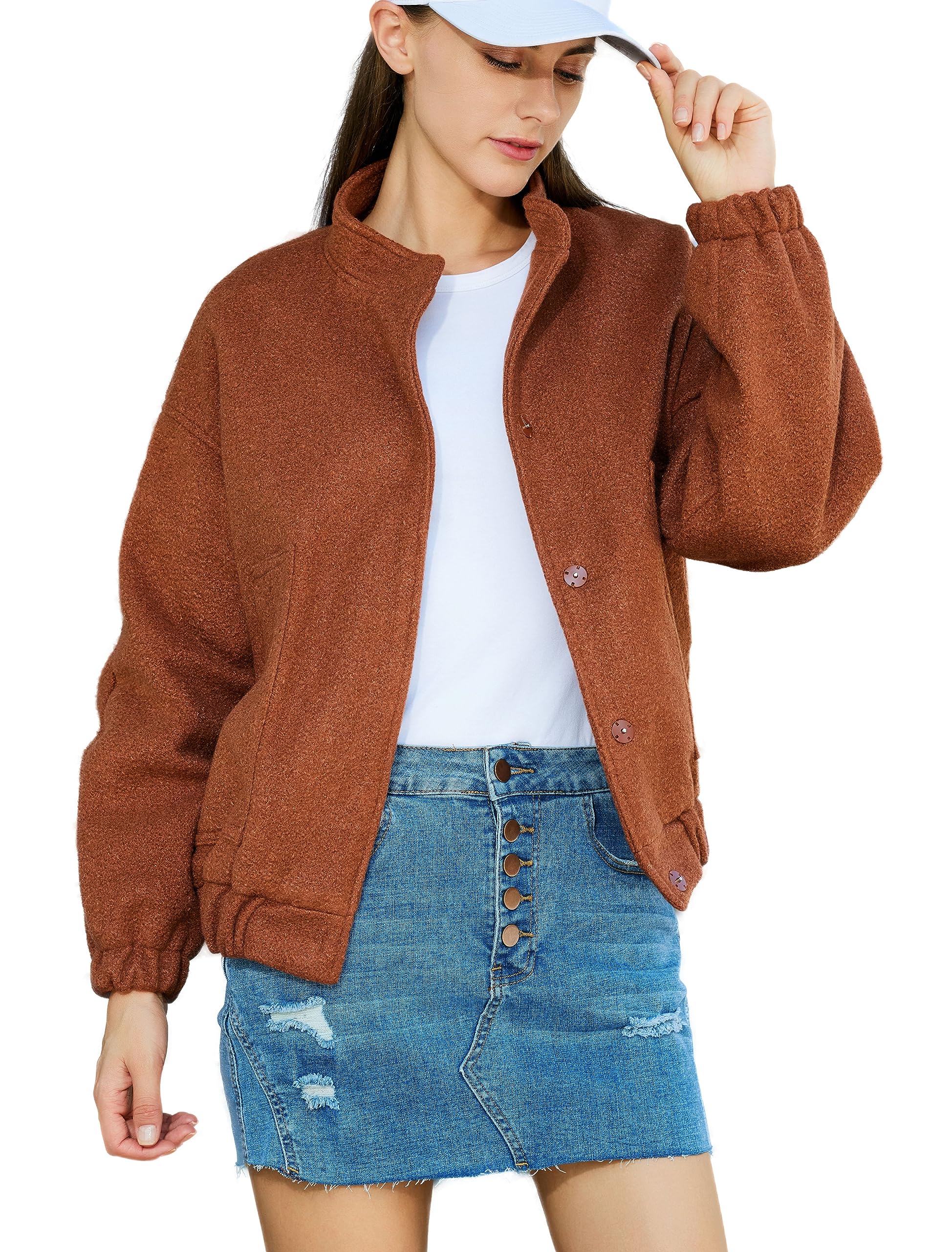 XWEAIJWomen's Oversized Wool Blend Bomber Jacket Long Sleeve Button Down Lightweight Varsity Jacket Coat With lining