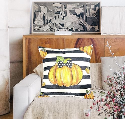 Miniatura 5 de HOMFREEST Juego de 2 fundas de almohada de calabaza otoñal de 18 x 18 pulgadas, fundas de almohada decorativas de otoño a rayas de arce para sofá