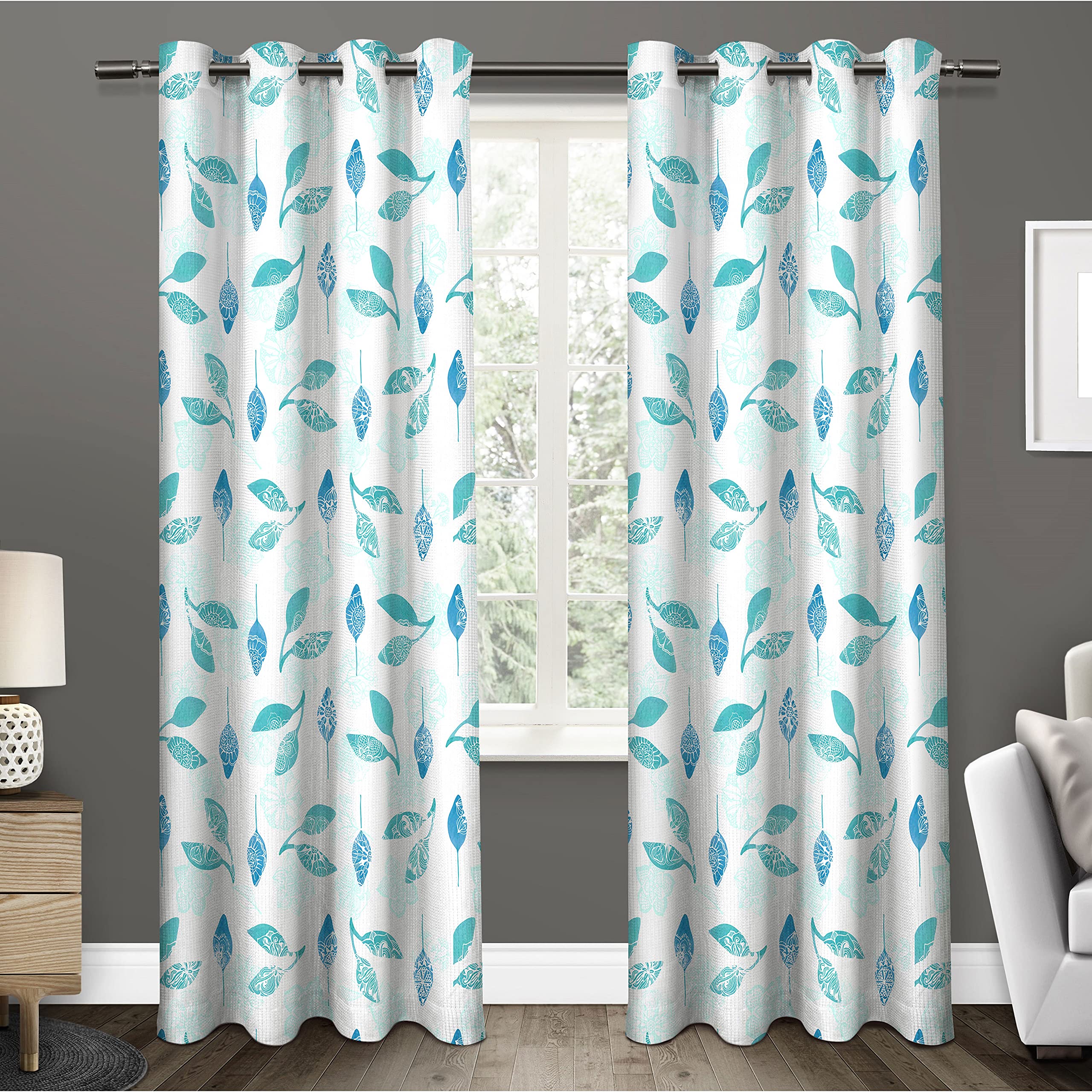 VR Creation White and Blue Leaf Design Polyester Eyelet 3D Digital Printed 7 Feet Door Curtain Piece of 4