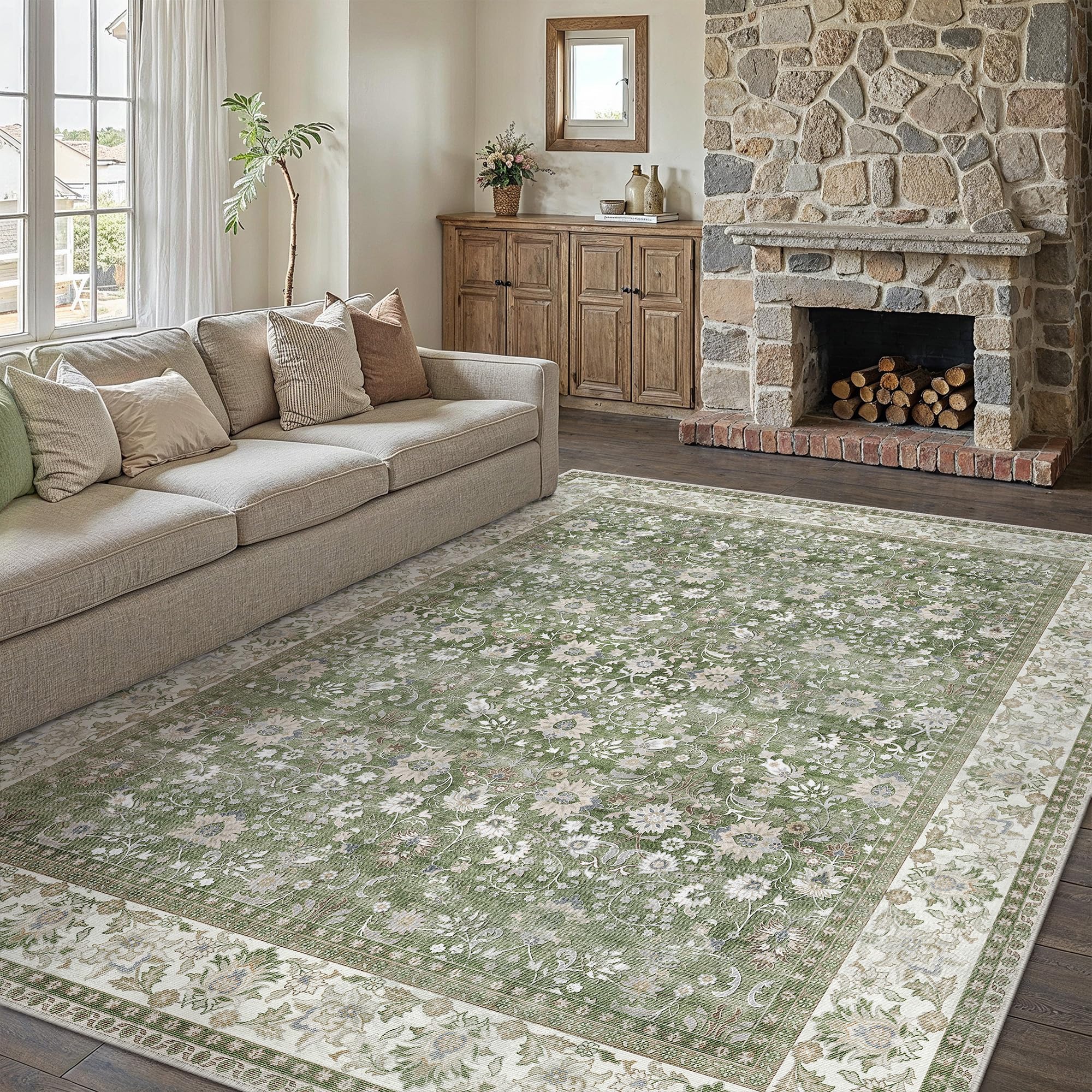 PureCozy Living Room Rug, 200x300 cm Washable Area Rugs for Bedroom, Non Slip Vintage for Kitchen Bedroom Dining Room Home Office, Soft Low Pile Carpet for Indoor Home Decor, Green — image 1