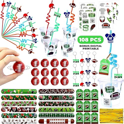 Happy Greetings Recuerdos de fiesta de fútbol, 108 unidades, pulseras de fútbol giratorias, llavero, calcomanías, pajitas, tarjeta de agradecimiento
