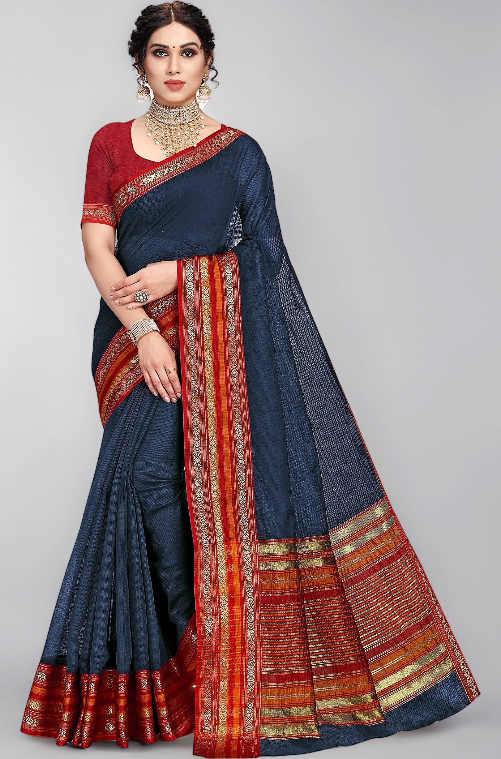 Women's Kota Doria Cotton Manipuri Saree With Unstitched Blouse Piece