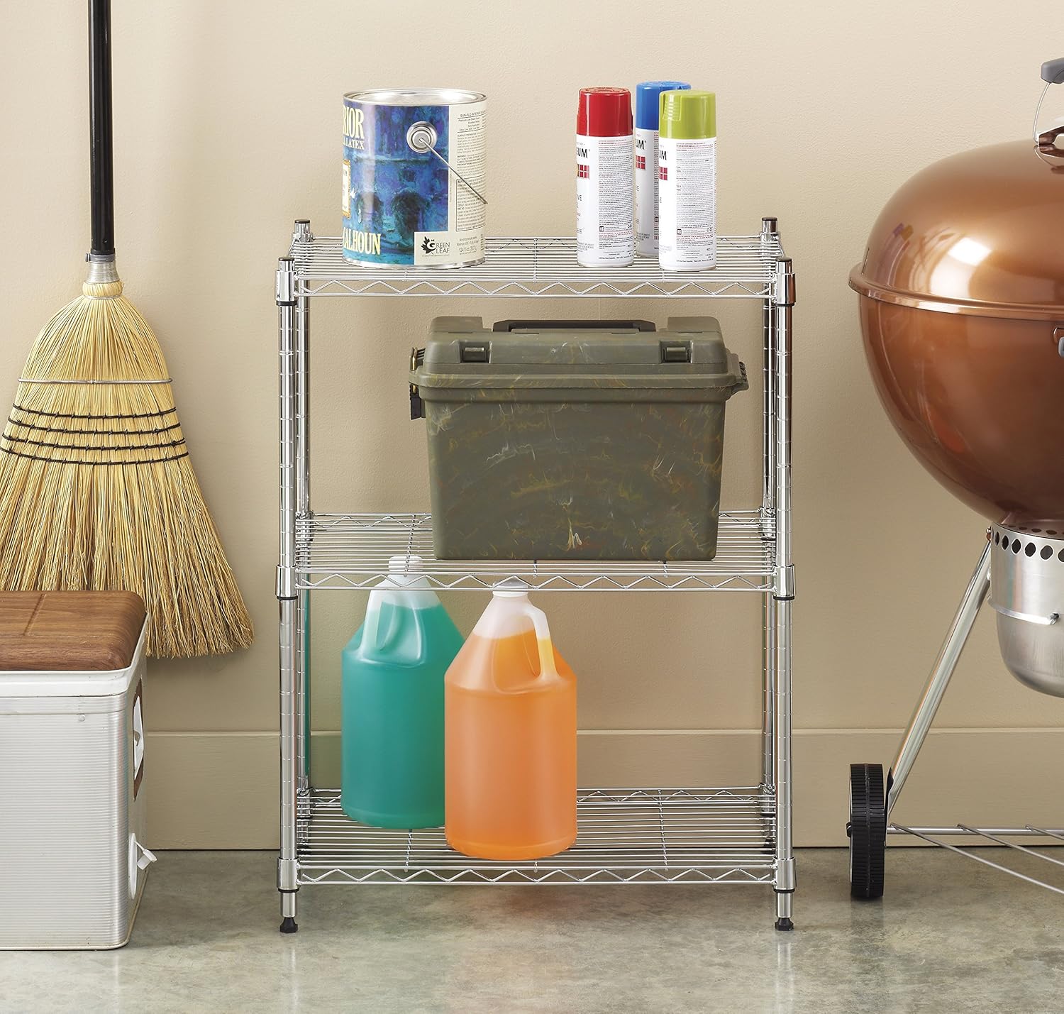 whitmor 3 tier shelving unit, metal storage shelves, 400 lbs capacity per shelf, 1200 lbs total, adjustable heavy duty shelf for kitchen, garage, plant, 23" l x 13" w x 30" h, chrome 3-tier, 23"l x 13"w x 30"h,chrome