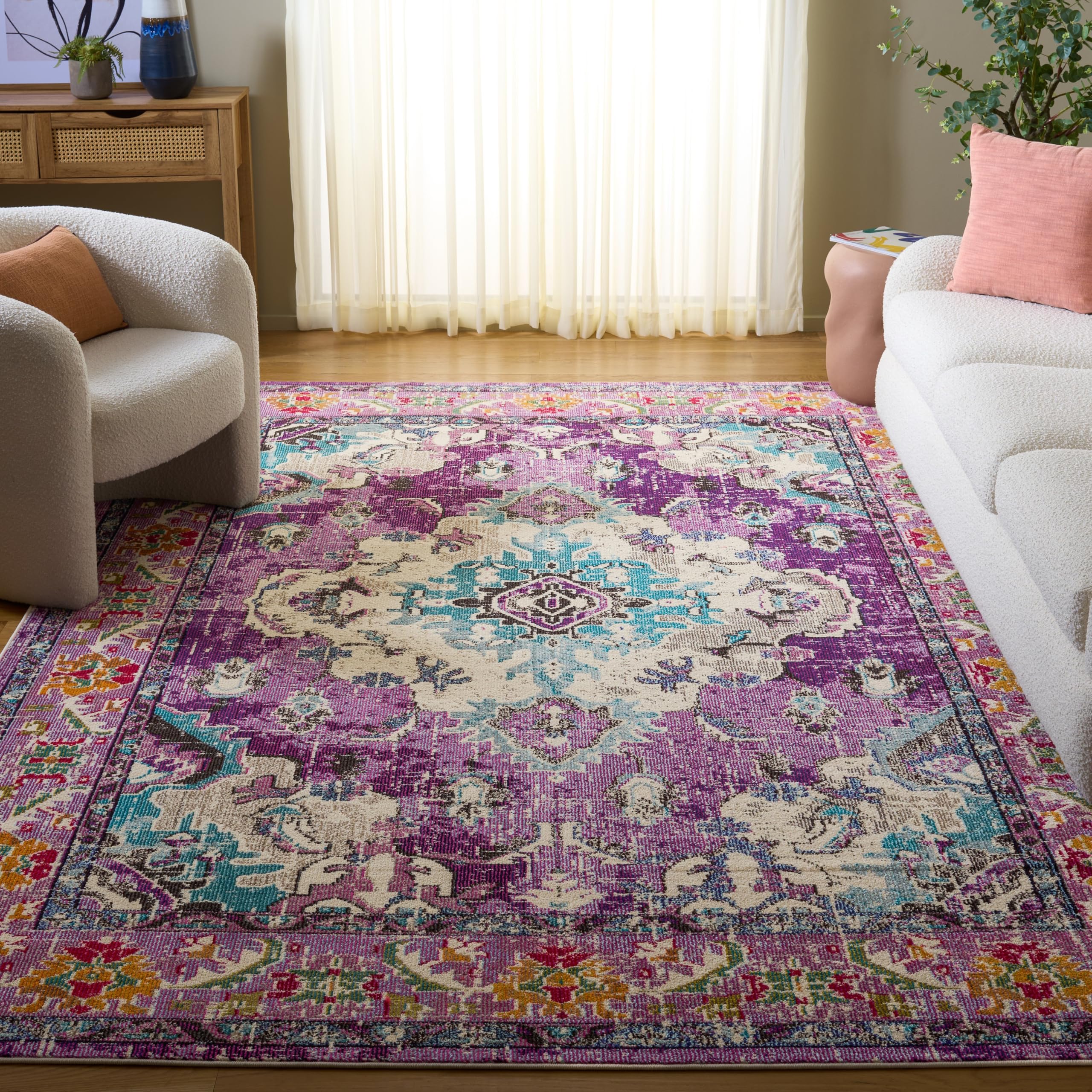 SAFAVIEH Monaco Collection Area Rug - 8' x 11', Violet & Light Blue, Non-Shedding & Easy to Clean, Distressed Medallion Design, Ideal for Living Room, Bedroom, Dining Space (MNC243L)