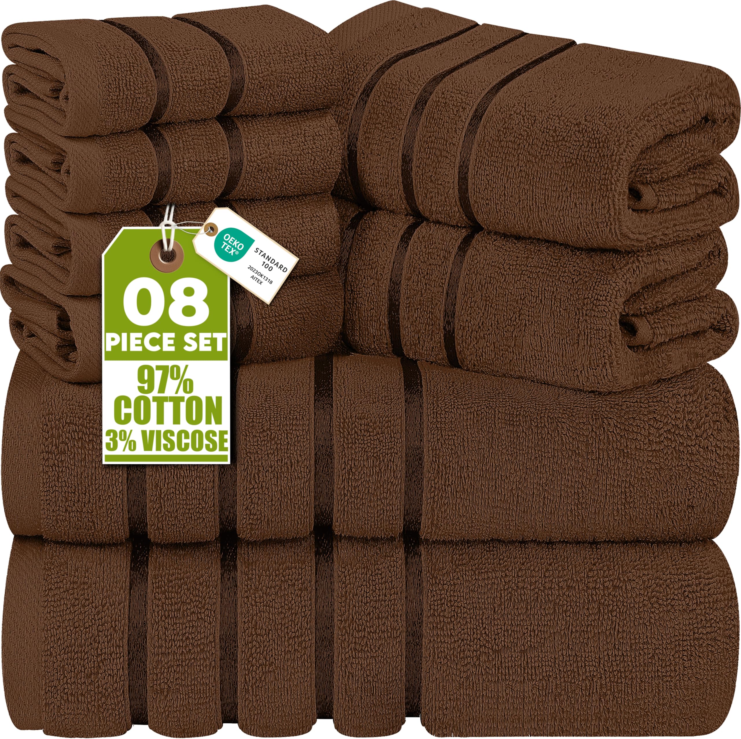 Utopia Towels 8 Piece Luxury Towel Set, Viscose Stripe, Brown