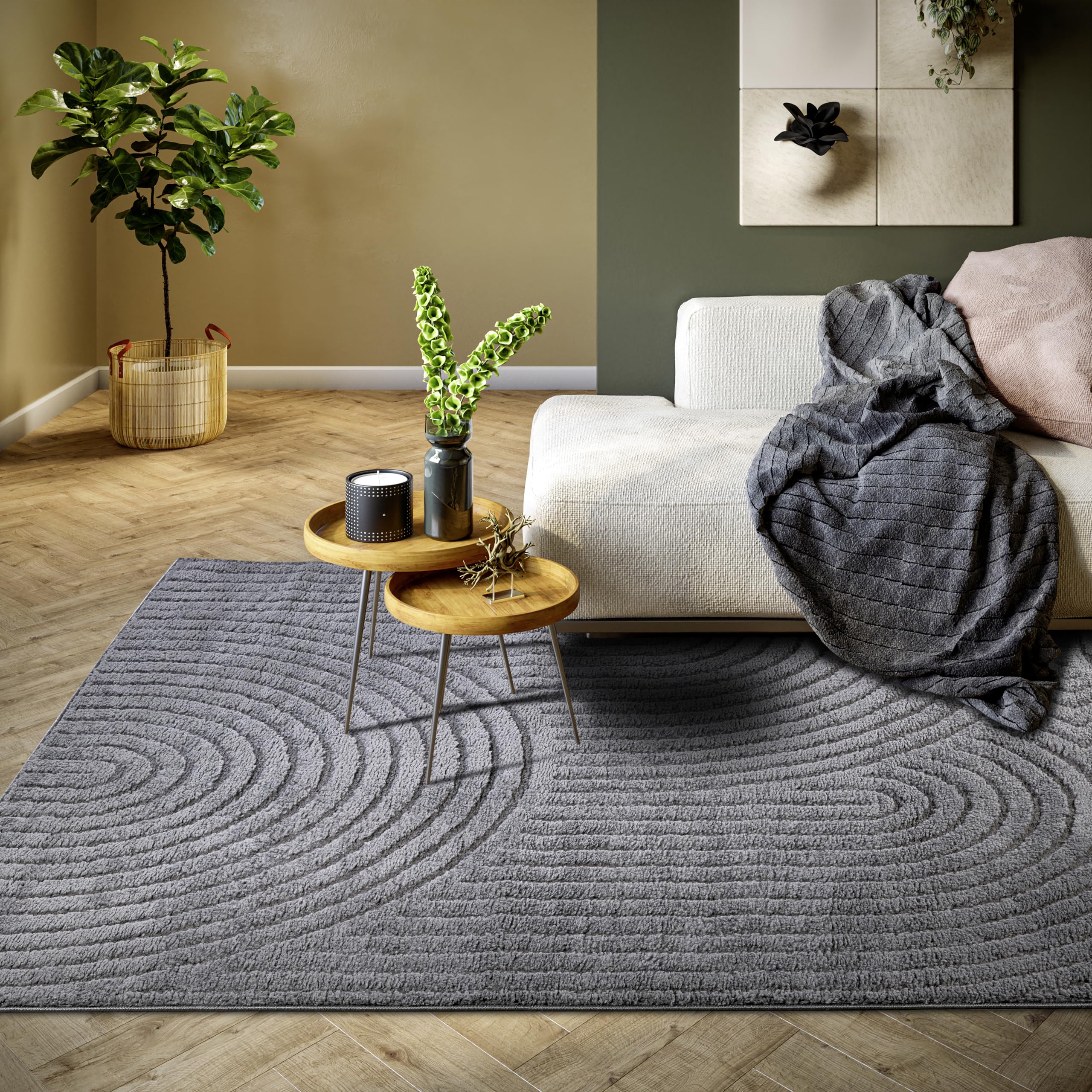 ELLE Decoration Panglao Tapis de Salon Moderne à Poils Courts – Moelleux – Effet très Profond Skandi Boho géométrique, Vagues – Arc – pour Salon, Chambre à Coucher, Cuisine, Anthracite, 160 x 235 cm