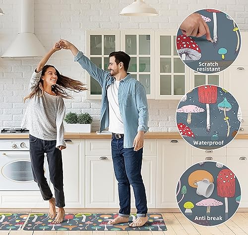 Miniatura 4 de Juego de 2 tapetes de cocina con diseño de hongos, antifatiga, para el suelo de la cocina, de espuma viscoelástica, antideslizante, impermeable,