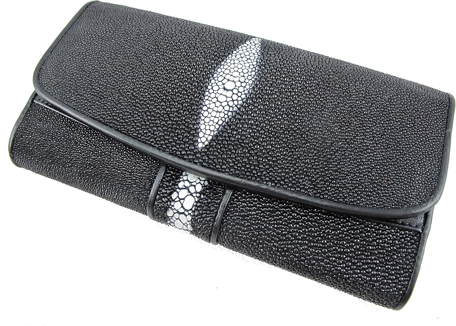 Genuine Row Diamond Stingray Skin Leather Women's Trifold Clutch Wallet Black