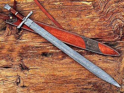Miniatura 1 de Espada vikinga hecha a mano, espada medieval de acero de Damasco con funda de cuero, hoja de doble borde de 29 pulgadas