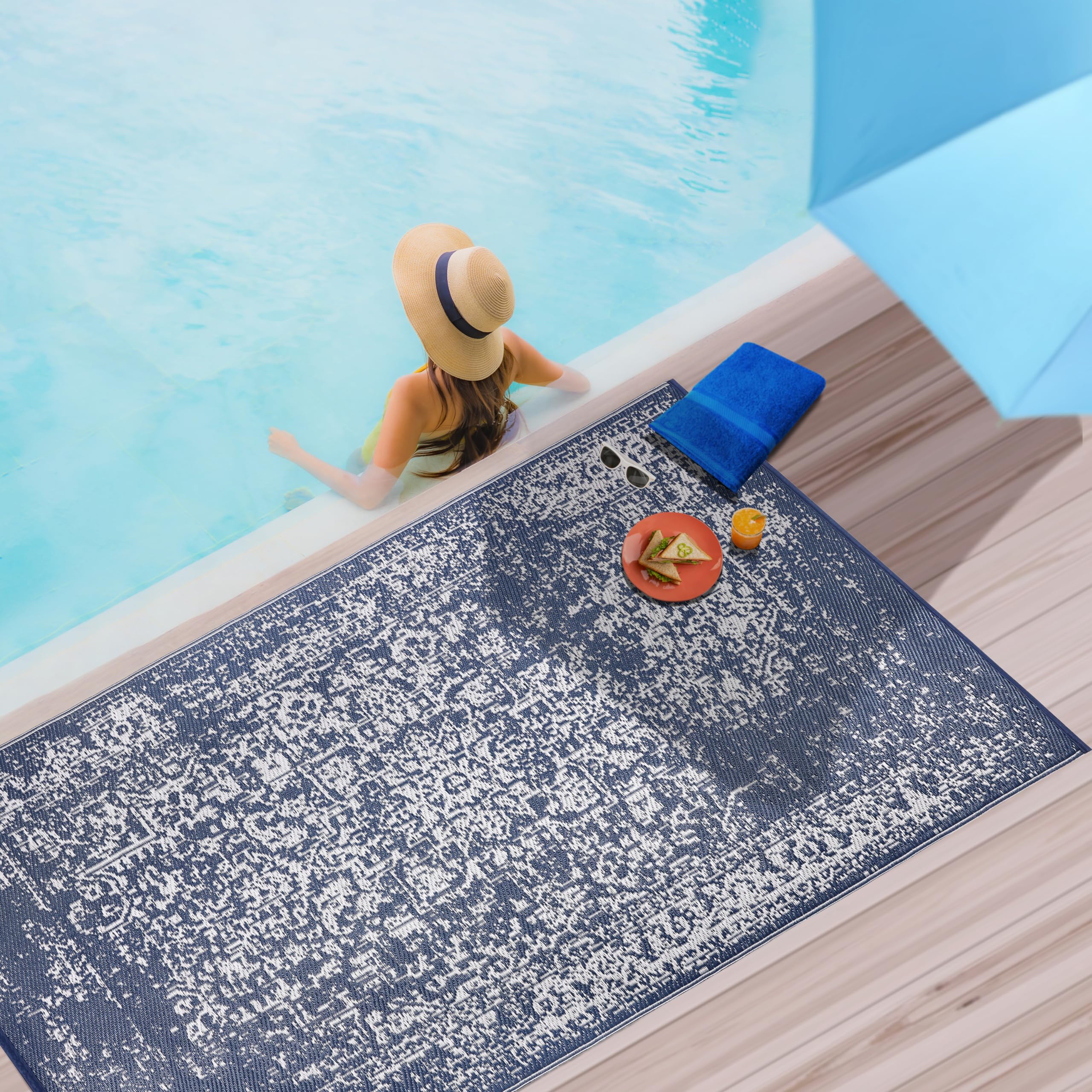 Outdoor Rug - Waterproof, Reversible, Crease Free, Stain Resistant, Fade Resistant - Recycled Plastic Small Rugs for Patio, Porch, Deck, Laundry Room - Zehra Navy Blue 3X5 ft