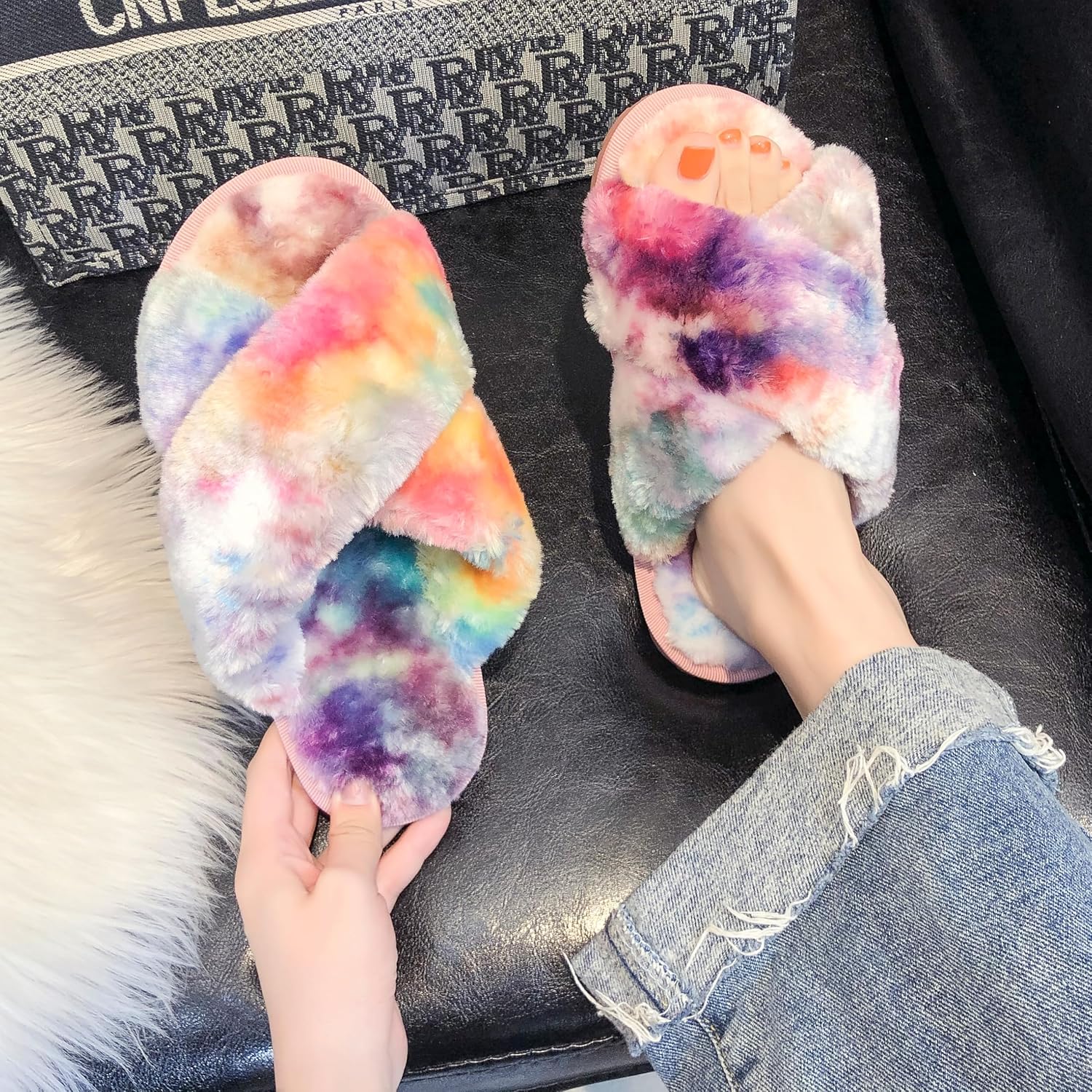 Crazy Lady Women's Fuzzy Fluffy House Slippers Cute Plush Memory Foam Shoes Cross Band Indoor Outdoor Open Toe Sandals - Image 3