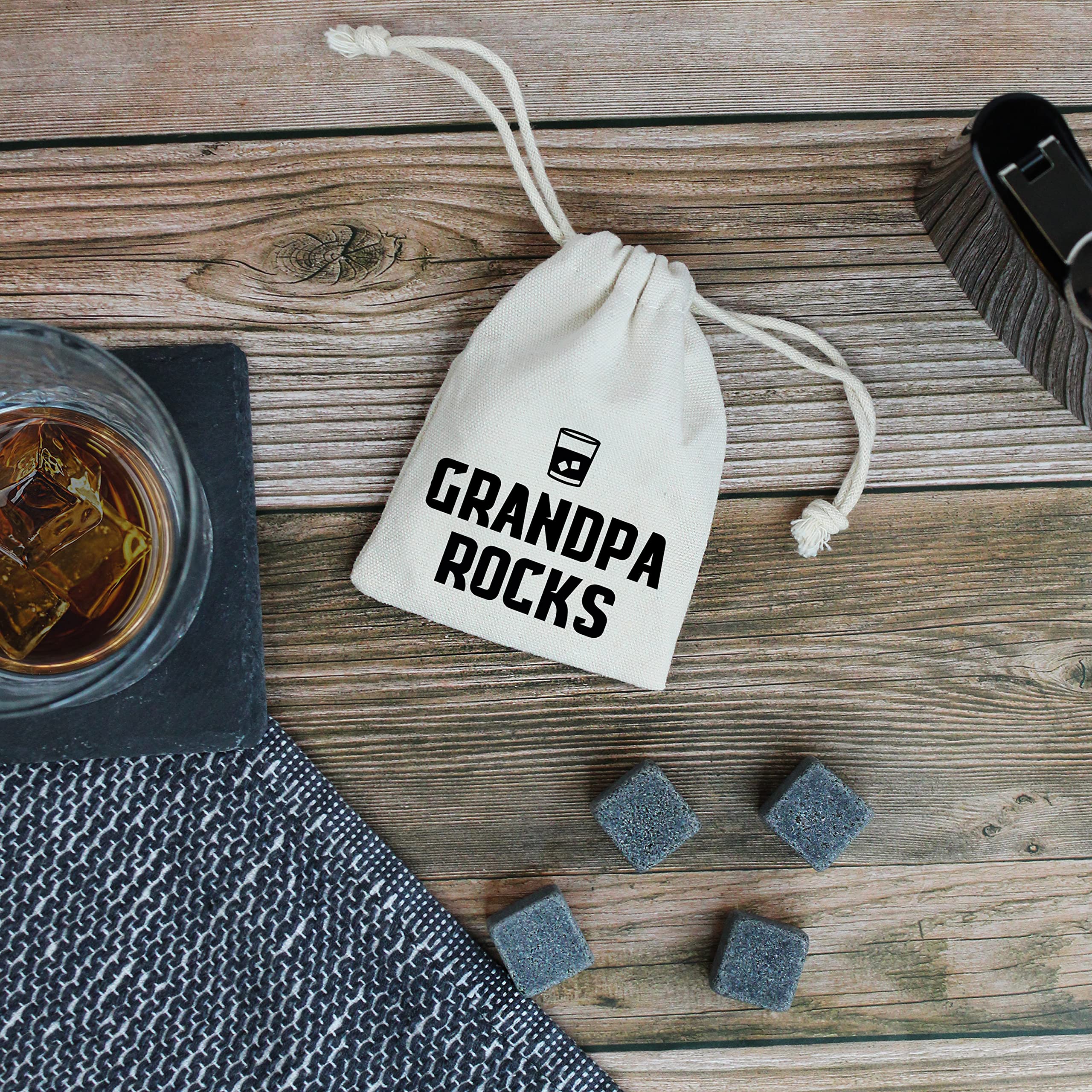 eBuyGB Grandpa Rocks Whiskey Stones with Cotton Drawstring Bag & 4 Soapstone Reusable Ice Cubes Father's Day, Birthday Gift for Him, Dad
