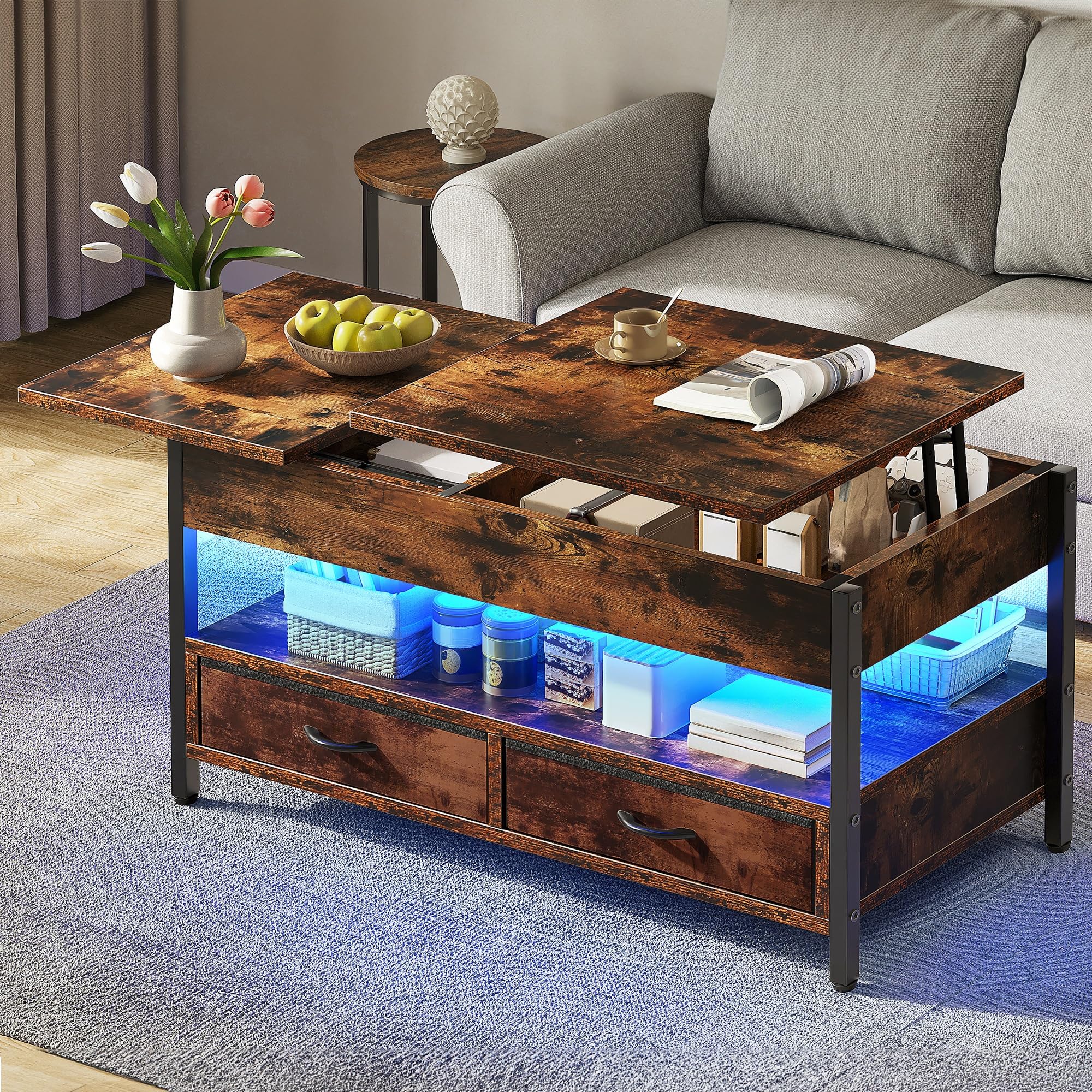 YITAHOME Couchtisch Höhenverstellbar, Wohnzimmertisch mit Verstecktem Ablagefach für für Wohnzimmer, Büro, couchtisch mit stauraum und 2 Schublade und LED-Lichtleiste 106 x50x51,5cm