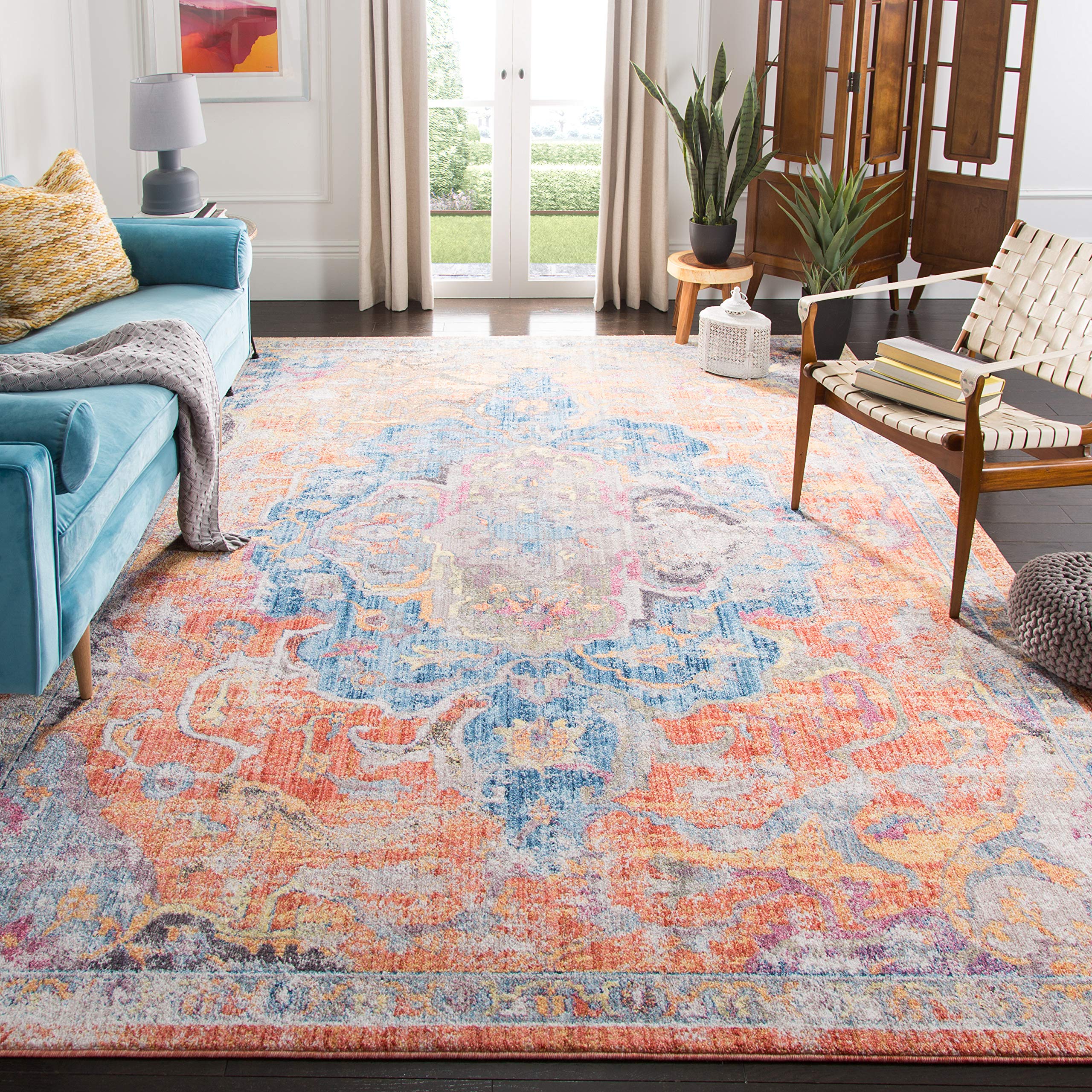 SafaviehBristol Collection 9' x 12' Blue/Orange BTL350S Boho Chic Medallion Distressed Area Rug