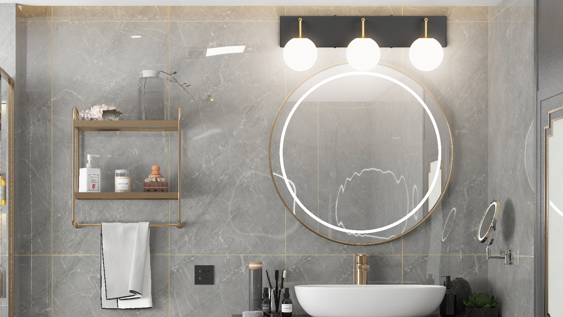 Image of Tipace 3 Lights Mid Century Vintage Bathroom Vanity Light Fixtures Over Mirror Black & Gold Industrial Vanity Lights with Milk White Glass Globe Farmhouse Bath Lighting(Exclude Bulb)