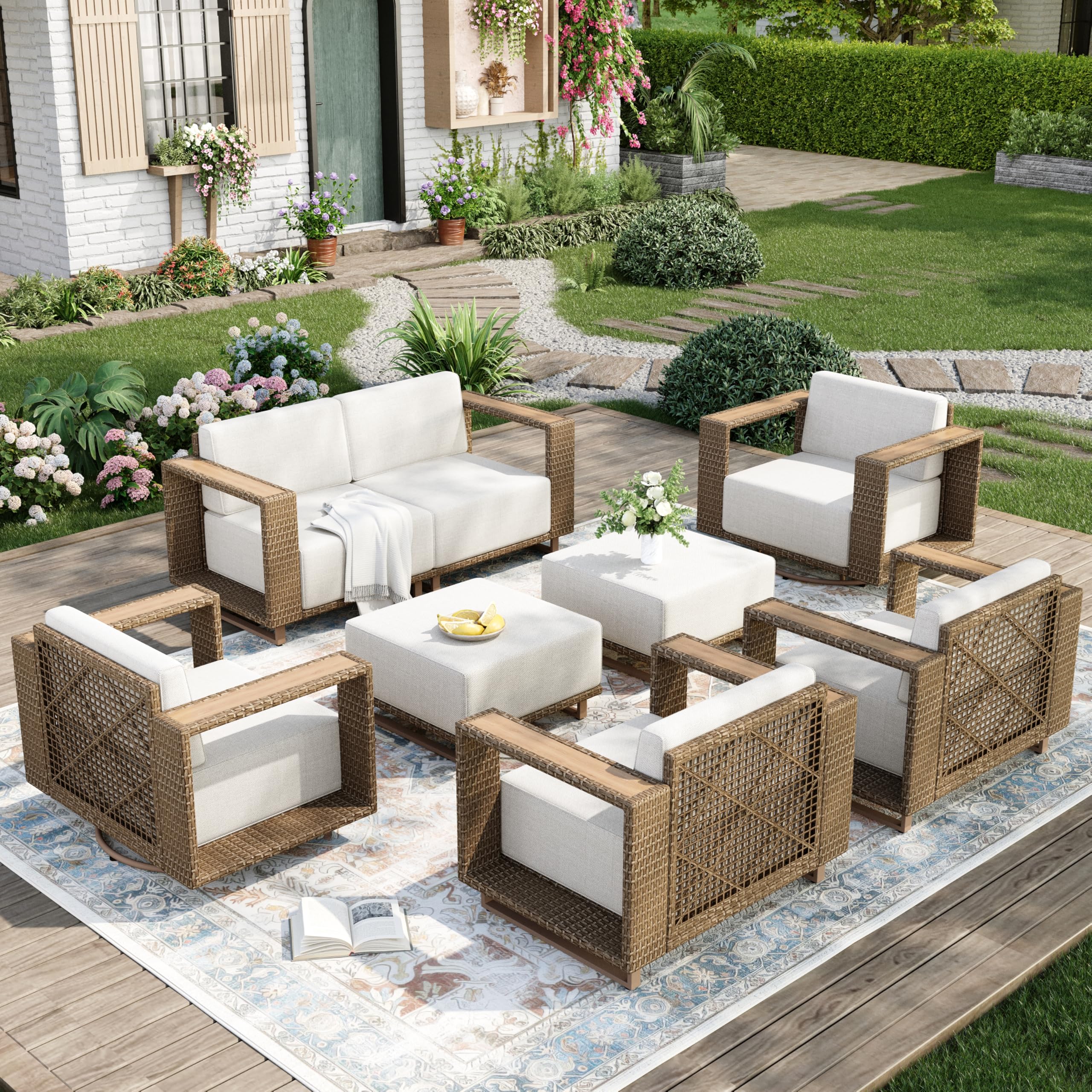 MIXPATIO Outdoor Patio Furniture Set, 8 Piece Outdoor Rattan Wicker Couch, Conversation Sets with 2 Swivel Sofas, 2 Leg Sofa, 2 Armchairs and 2 Ottomans for Deck Backyard Lawn