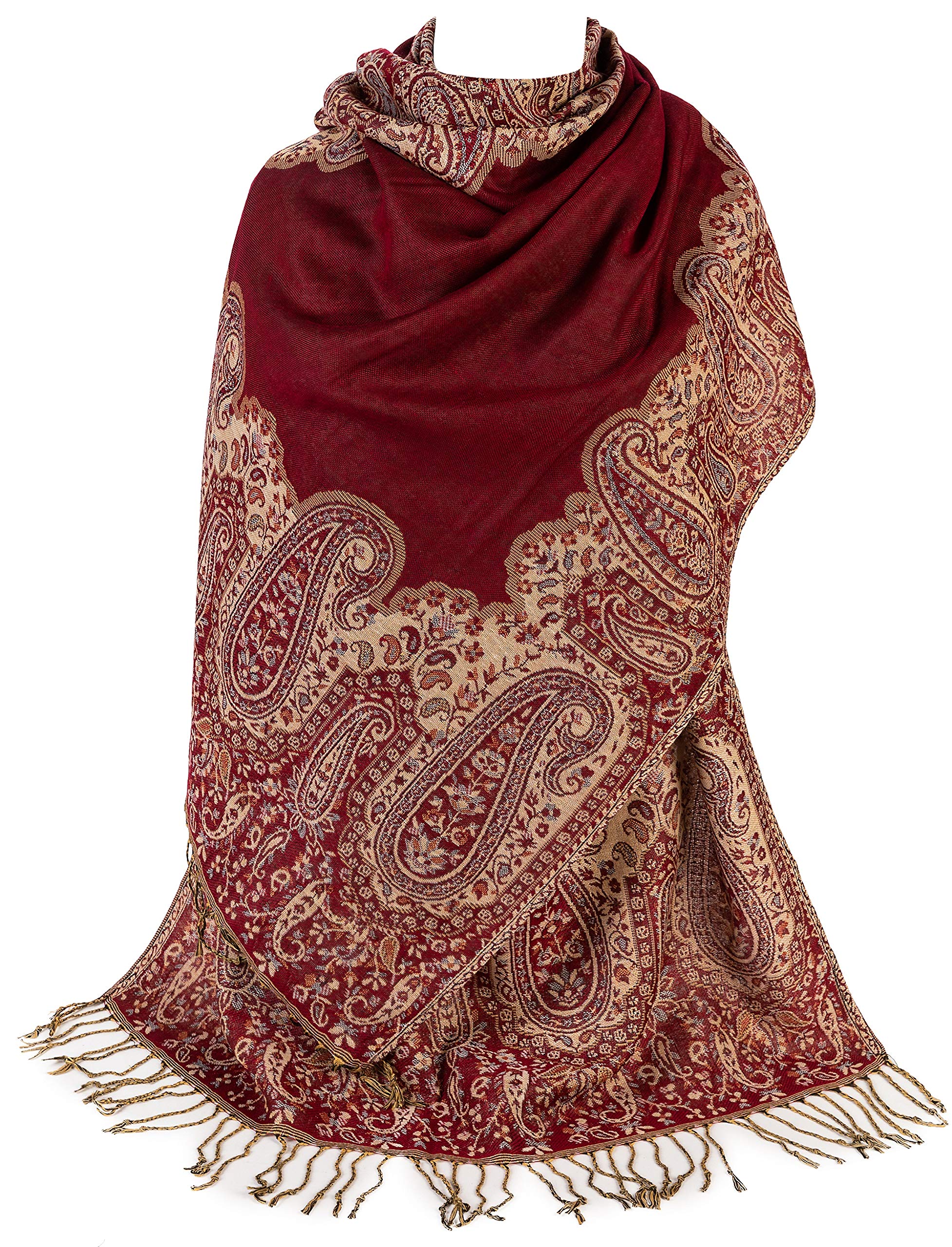 World of Shawls Ladies Paisley Bordered Pashmina Feel Shawl Scarf Wrap Stole Luxuriously Warm Soft Vibrant (Maroon and Beige)