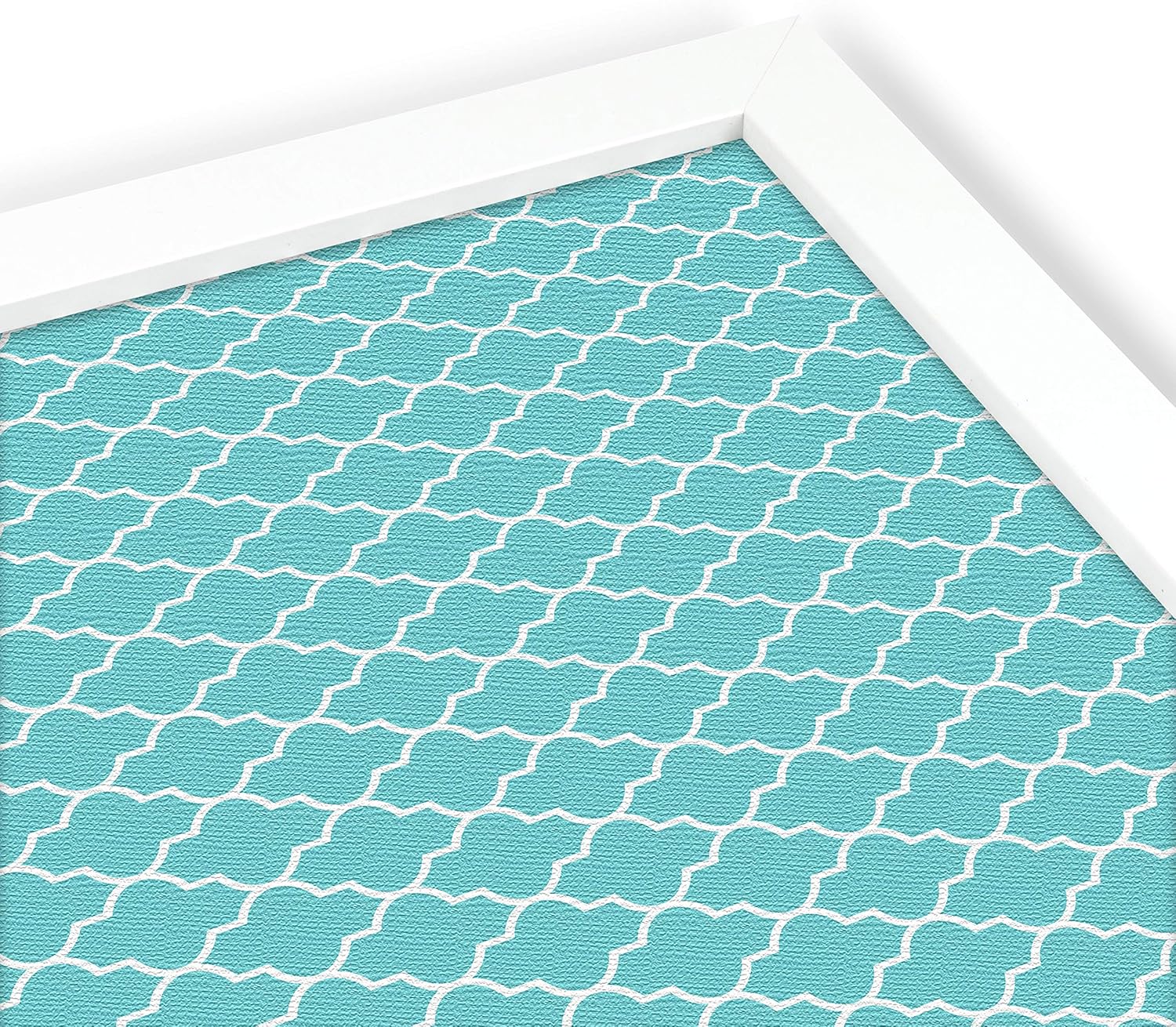 PinPix 36x24 Custom Cork Bulletin Board Quatrefoil Aqua Poster Board with a Canvas Style Photo Board, Framed in Satin White Frame (PinPix-278)