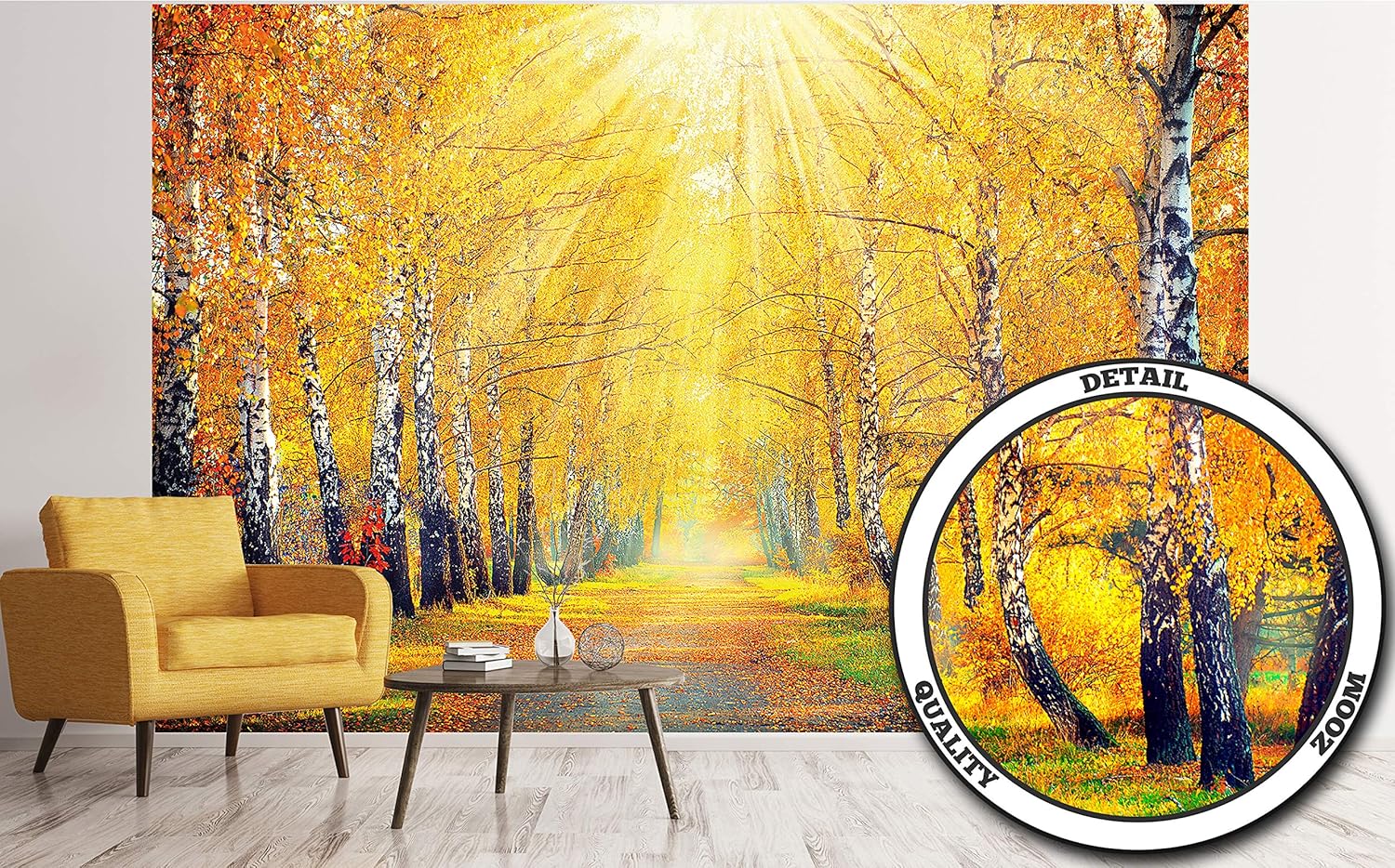 🔥 GREAT ART Photo Wallpaper Golden Autumn Decoration 132.3x93.7in / 336x238cm – Birch Trees Yellow Alley Walk Stroll Park Garden Forest Street Walkway Mural – 8 Pieces Includes Paste