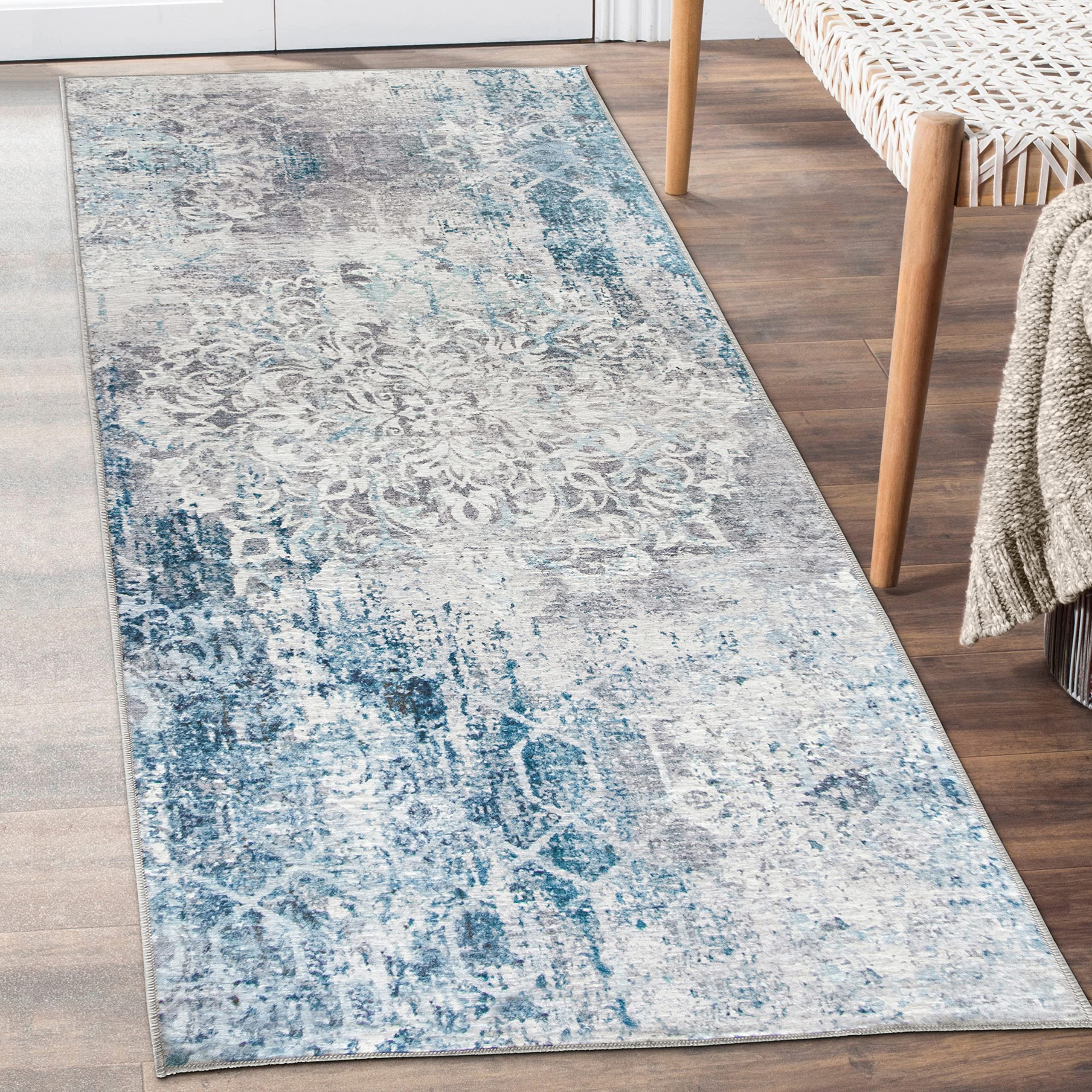 Photo 1 of **MINOR STAINS**ReaLife Machine Washable Rug - Stain Resistant, Non-Shed - Eco-Friendly, Non-Slip, Family & Pet Friendly - Made from Premium Recycled Fibers - Vintage Distressed Floral - Grey, 2'6" x 8' 2'6" x 8' Floral - Grey
