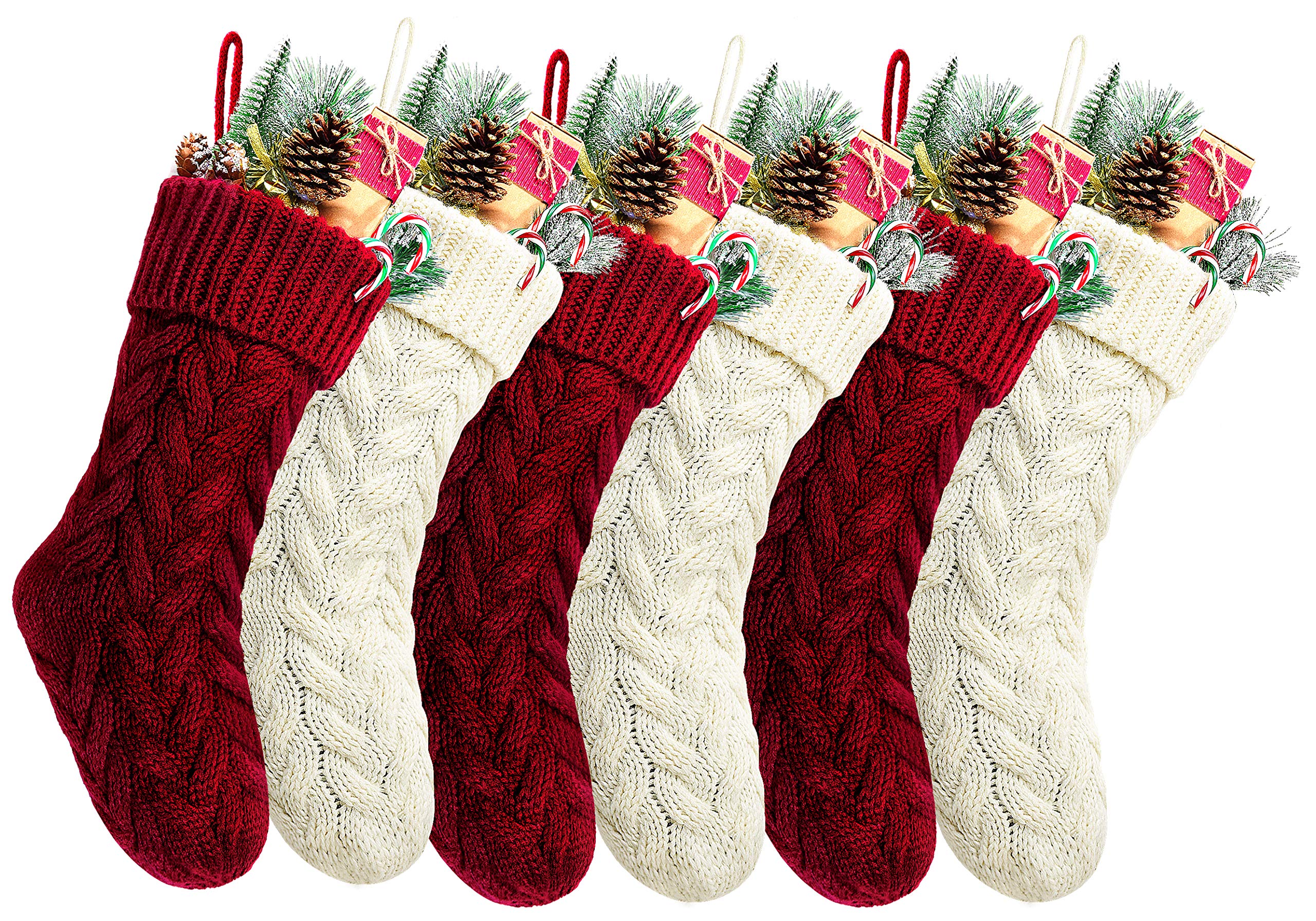 Pack 6,18" Unique Burgundy and Ivory White Knit Christmas Stockings Style3