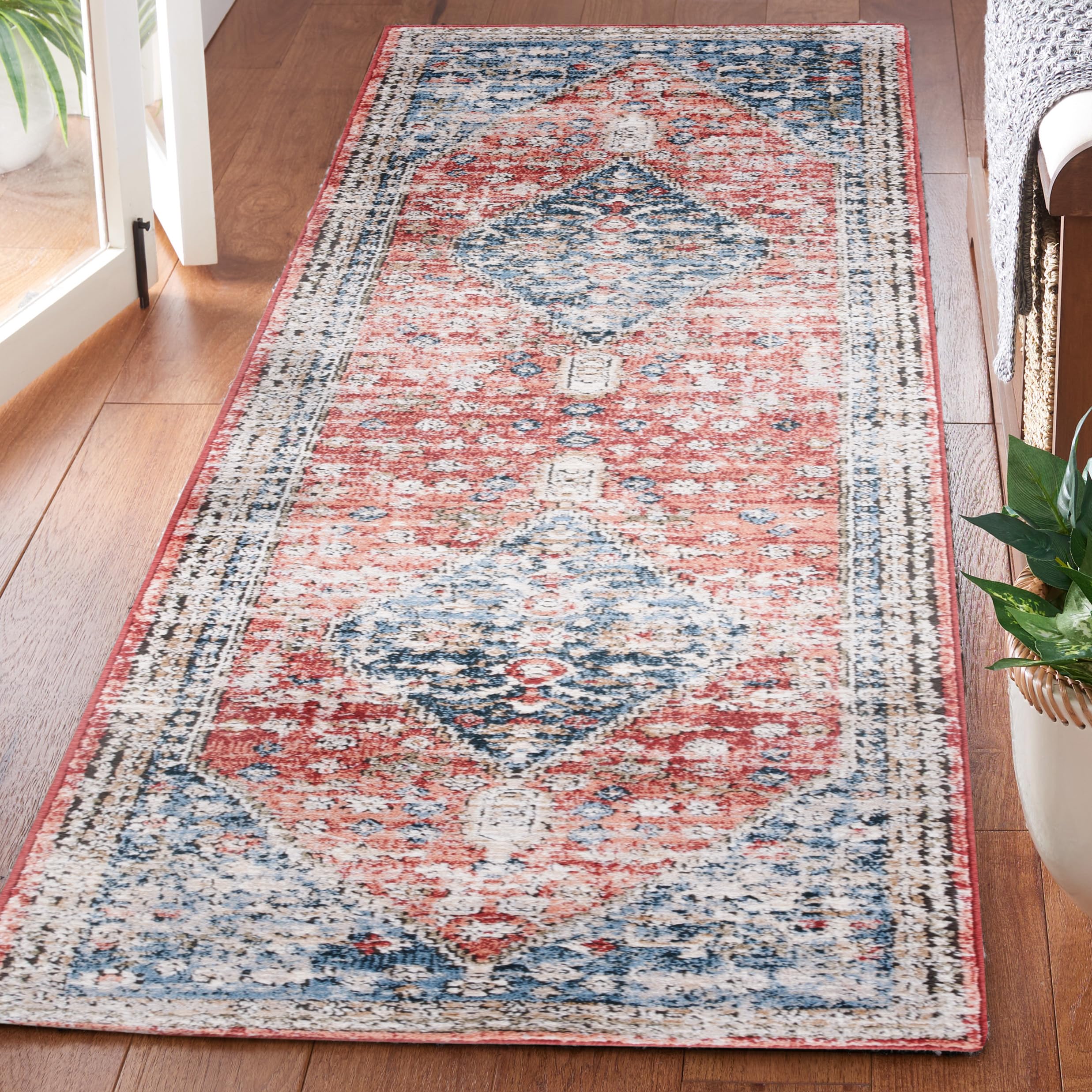 SAFAVIEH Rosewood Collection Runner Rug - 2'3" x 8' Runner, Blue & Red, Shabby Chic Oriental Design, Ideal for The Living Room, Bedroom, Dining Room (ROW108J-28)