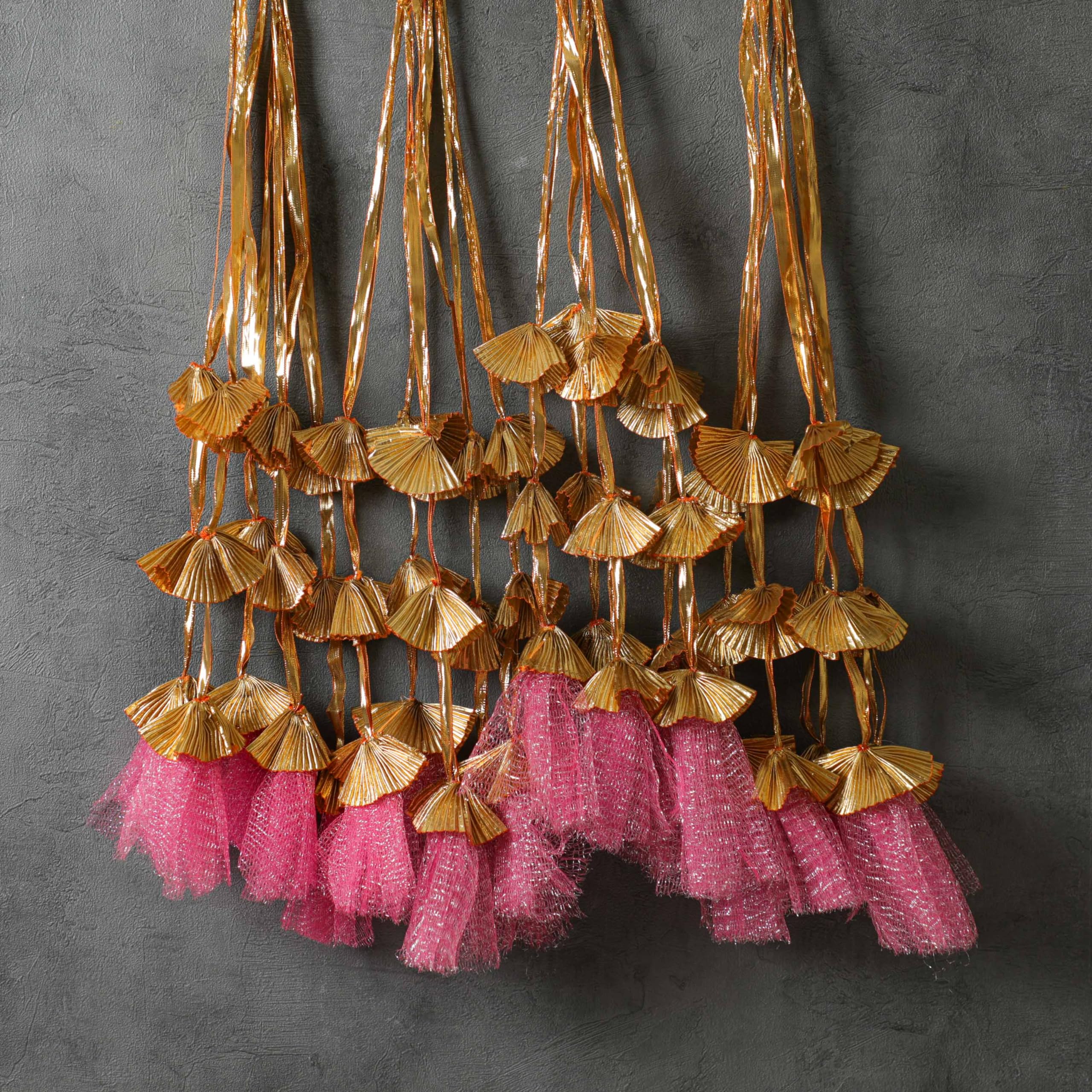 Desi Favors Gota Décor Hangings - Gota with Net Fabric - Gold/Pink Hanging Decorations for Babyshower, Bridalshower, Weddings - Décor Props for Celebrating Indian Festivals - 2.2 Ft (Pack of 20)