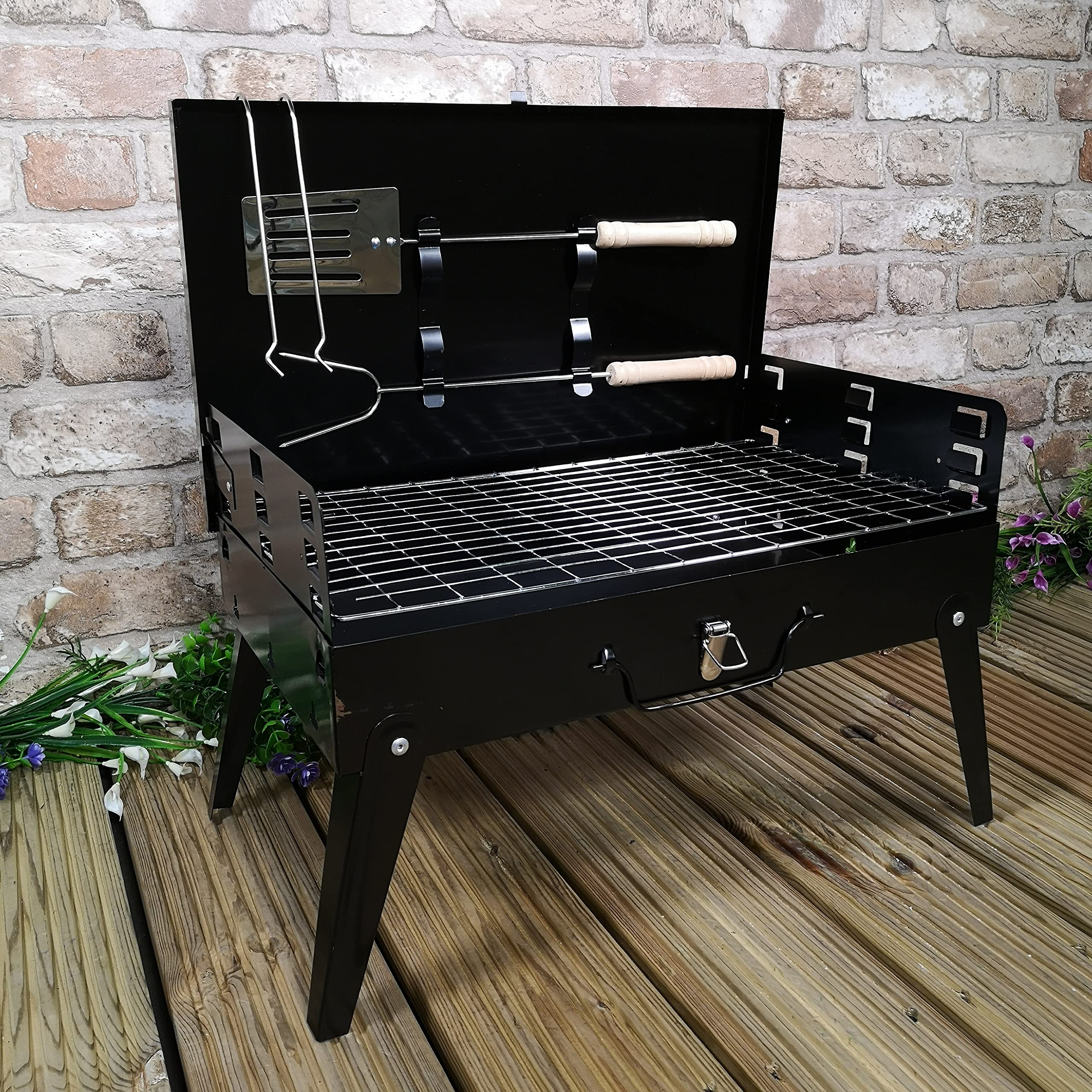Rackhams 43Cm X 26Cm Folding Portable Camping Beach Barbecue Bbq With Wind Shield & Tools - Bbqs